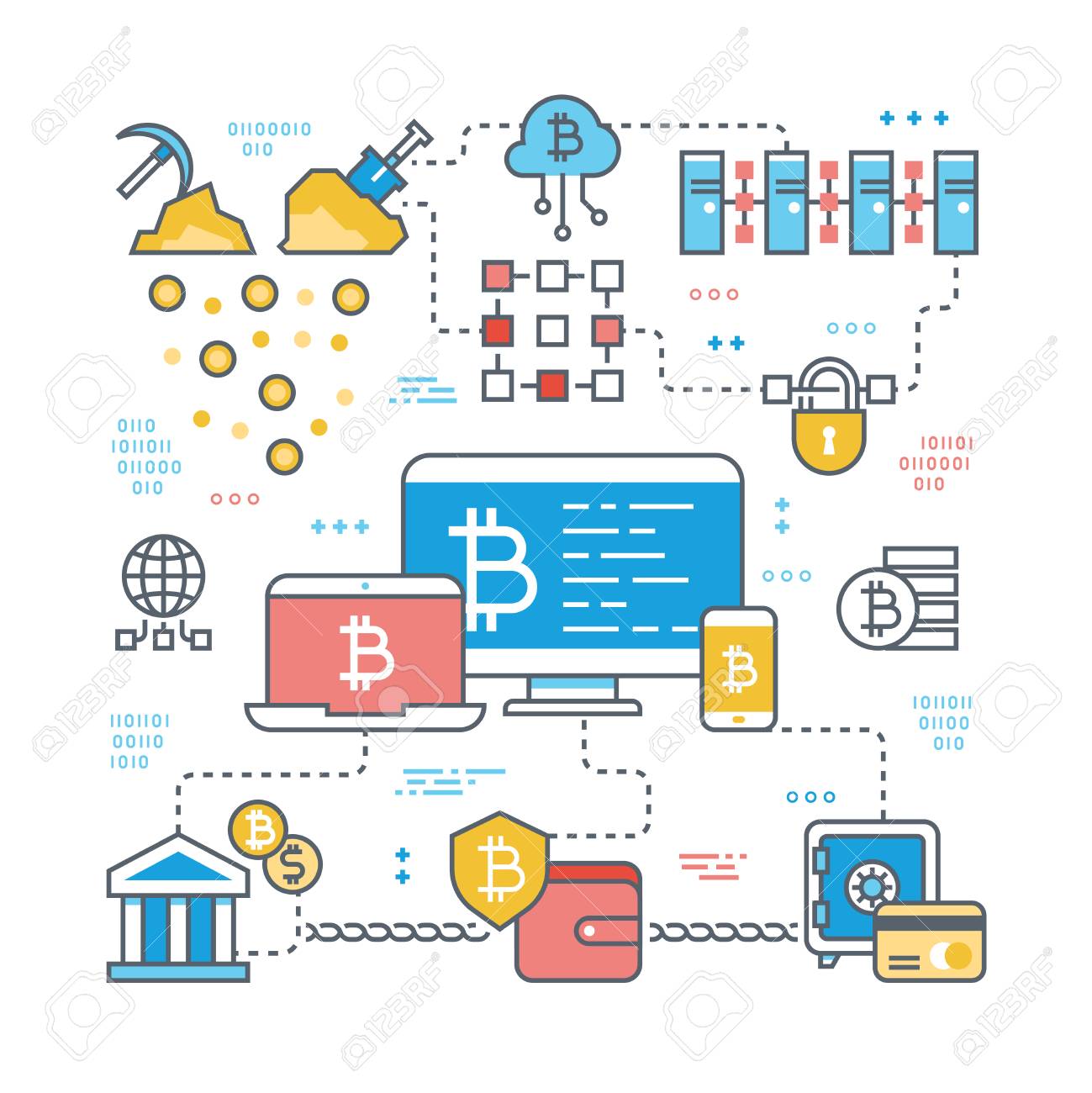 Blockchain And Internet Cryptocurrency Transaction. Bitcoin Stock Market  And Finance Support Vector Concept. Financial Economy Bitcoin Market  Currency Illustration Royalty Free SVG, Cliparts, Vectors, and Stock  Illustration. Image 88689175.