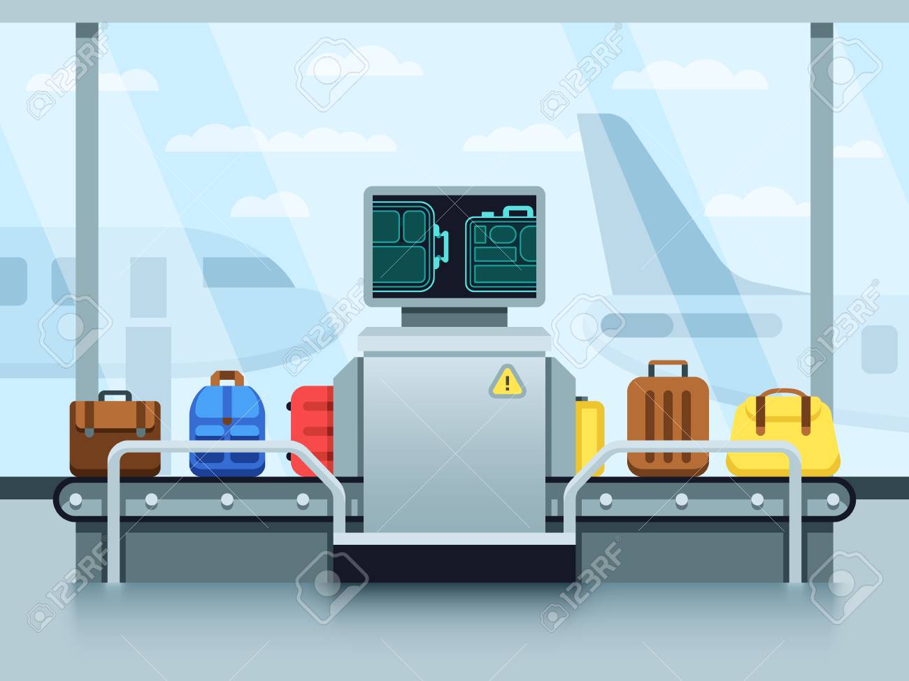 Airport conveyor belt with passenger luggage and police scanner. Terminal checkpoint vector concept - 90368342 Airport conveyor belt with passenger luggage and police scanner. Terminal checkpoint vector concept - 90368342