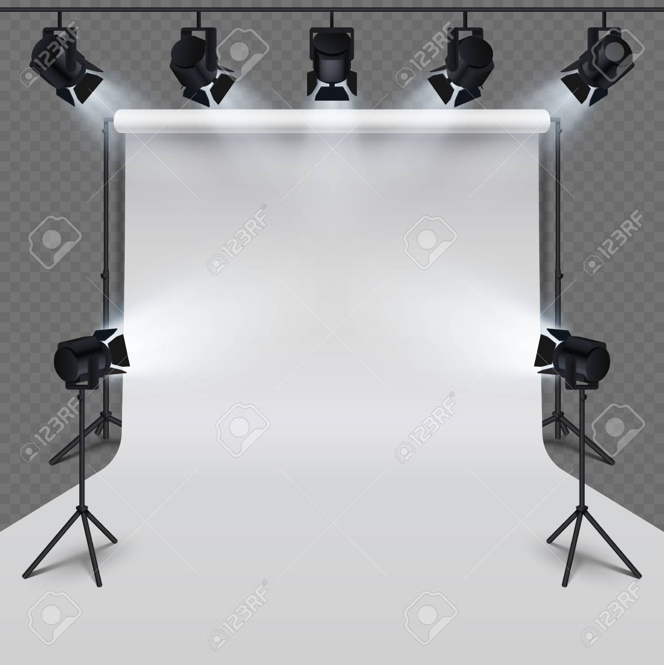 照明器具とプロの写真スタジオ白いブランクは 透明な背景に隔離されています ベクトルイラスト のイラスト素材 ベクタ Image
