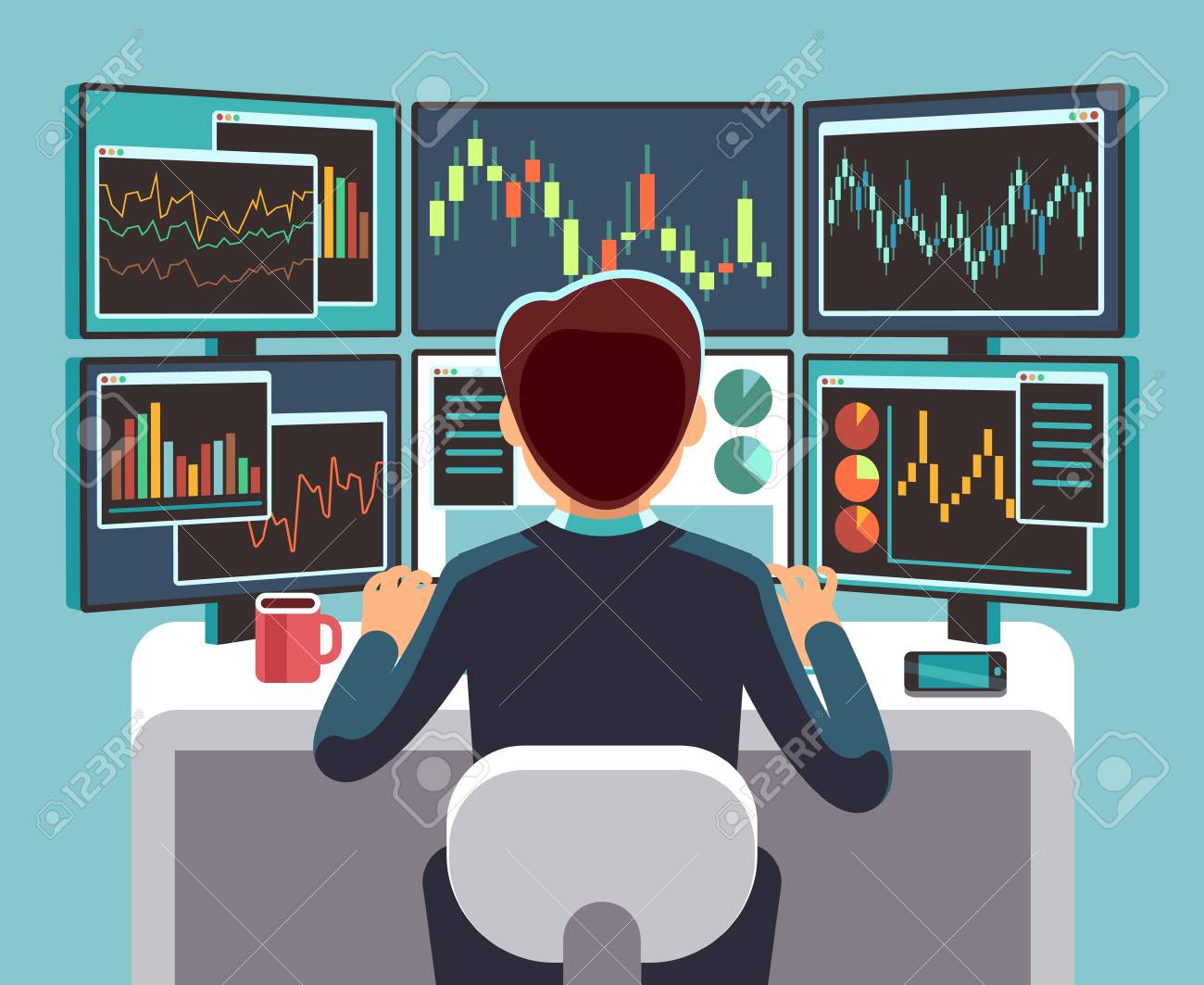 Stock market trader looking at multiple computer screens with financial and market charts. Business analysis vector concept. - 93882415 Stock market trader looking at multiple computer screens with financial and market charts. Business analysis vector concept. - 93882415