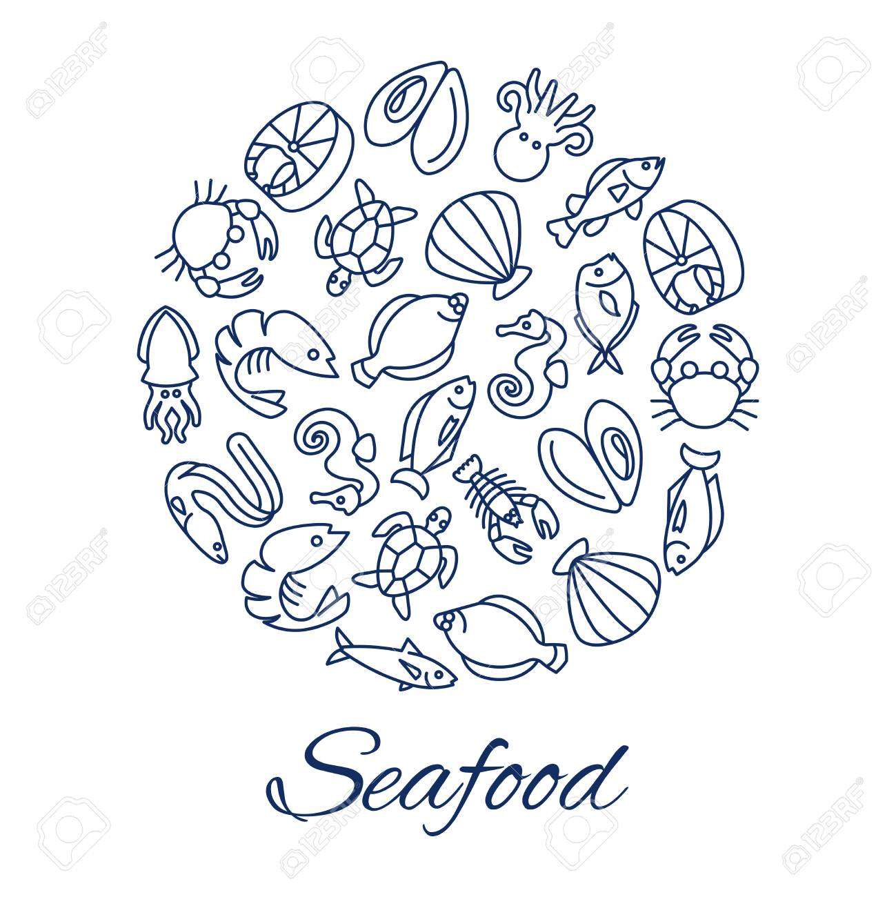 シーフードラインアイコンは 白い背景に隔離された魚のカキカニとコンセプトを丸くします シーフードエビと牡蠣 魚とロブスター ベクトルイラストのイラスト素材 ベクタ Image