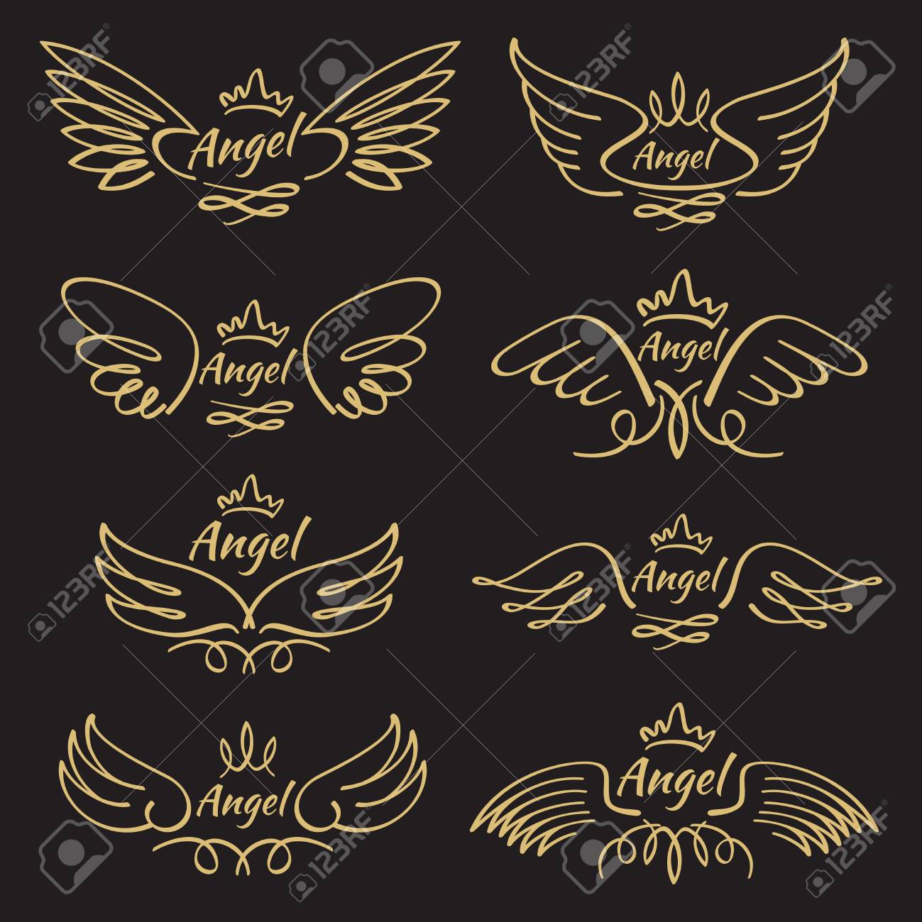 黒い背景にエレガントな天使の黄金の飛行翼 翼羽付き飛行天使 金色の直線翼 ベクトルイラスト のイラスト素材 ベクタ Image