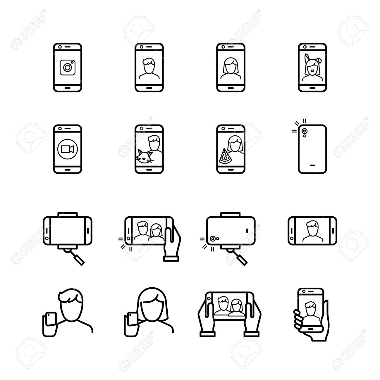 自撮り写真は 人々がスマートフォンや一脚線ベクトルアイコンで写真を撮ります スマートフォンのイラストでセルフ写真と自分撮りのイラスト素材 ベクタ Image 自撮り写真は 人々がスマートフォンや一脚線ベクトルアイコンで写真を撮ります スマートフォンのイラストでセルフ写真と自分撮りのイラスト素材 ベクタ Image