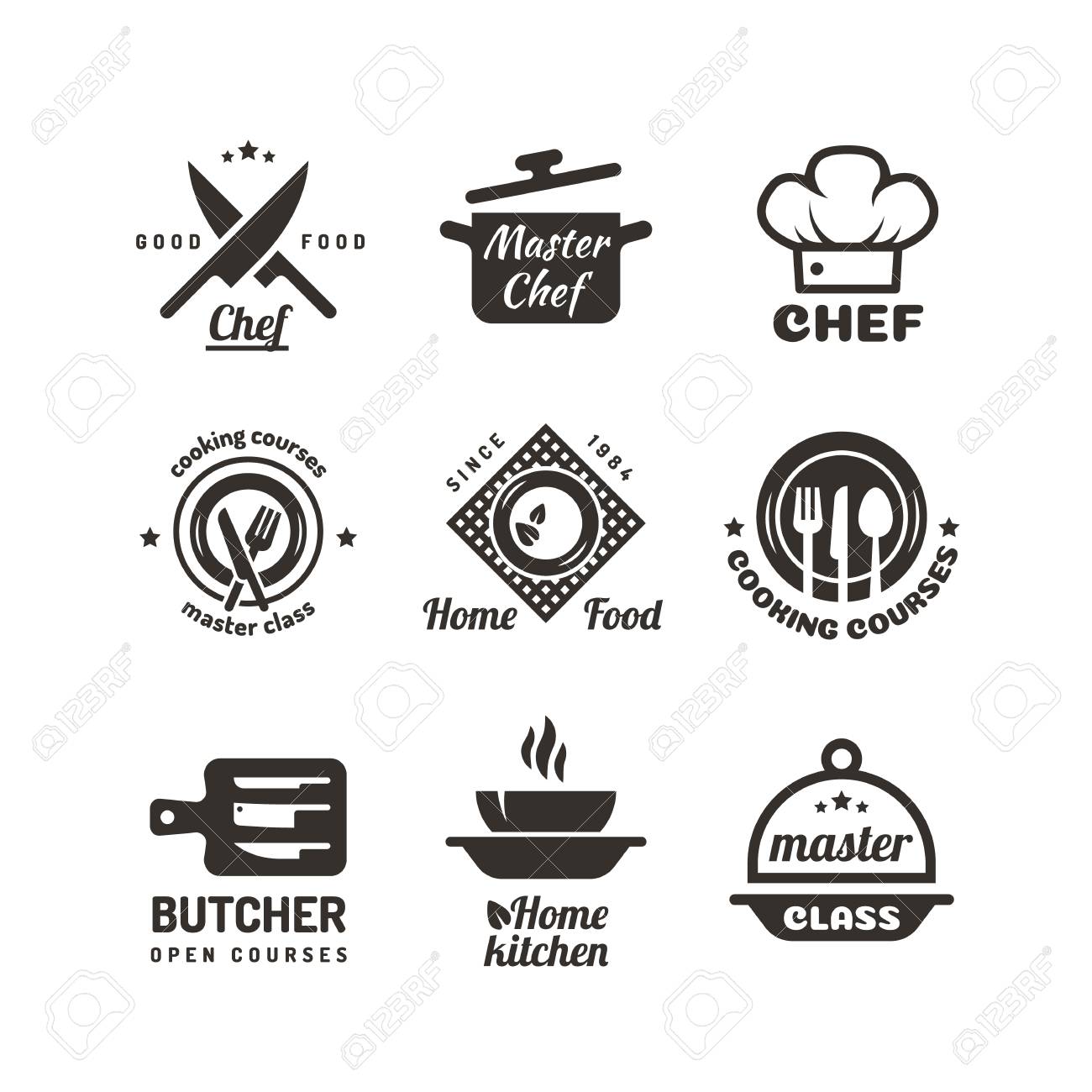Cooking Master Classes Labels Restaurant Or Cafe Menu Emblems