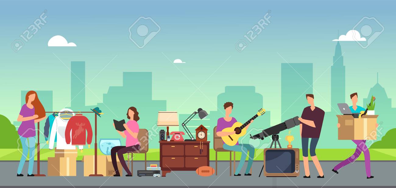 People selling and shopping second hand clothes, vintage goods at flea market. Bangkok bazaar with vintage things vector illustration - 102409085 People selling and shopping second hand clothes, vintage goods at flea market. Bangkok bazaar with vintage things vector illustration - 102409085