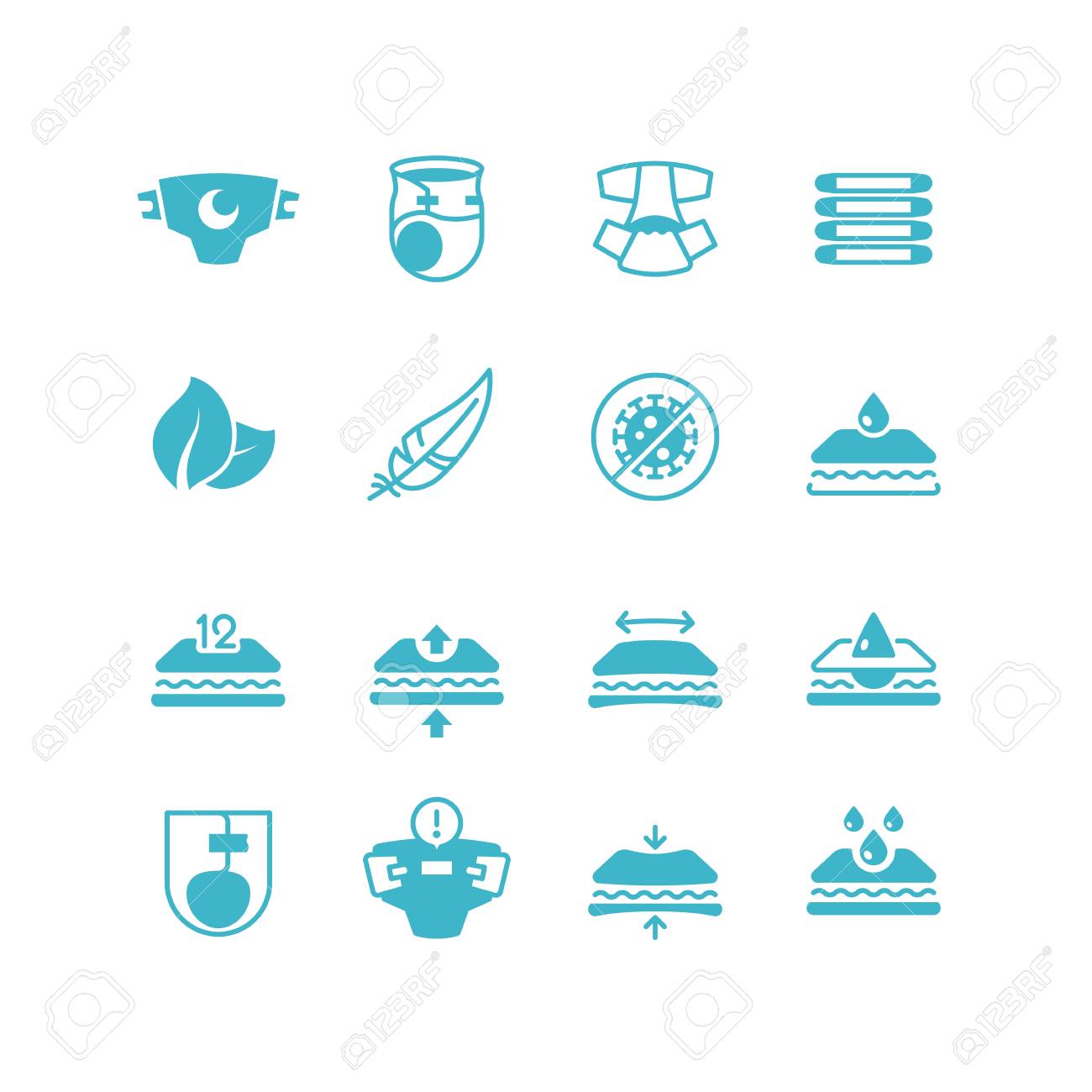 Baby diaper production characteristics icons. Soft, dry, stretch, breathable nappy with absorber vector symbols - 102791152 Baby diaper production characteristics icons. Soft, dry, stretch, breathable nappy with absorber vector symbols - 102791152