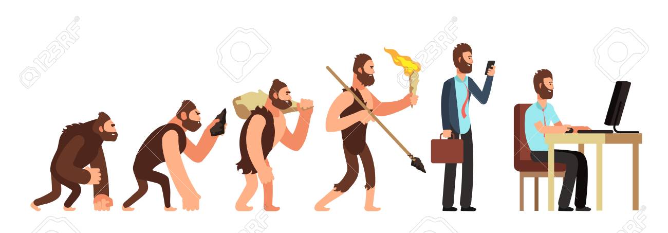 Human evolution. From monkey to businessman and computer user. Cartoon vector characters evolution human, ape and ancestors illustration - 115030648 Human evolution. From monkey to businessman and computer user. Cartoon vector characters evolution human, ape and ancestors illustration - 115030648