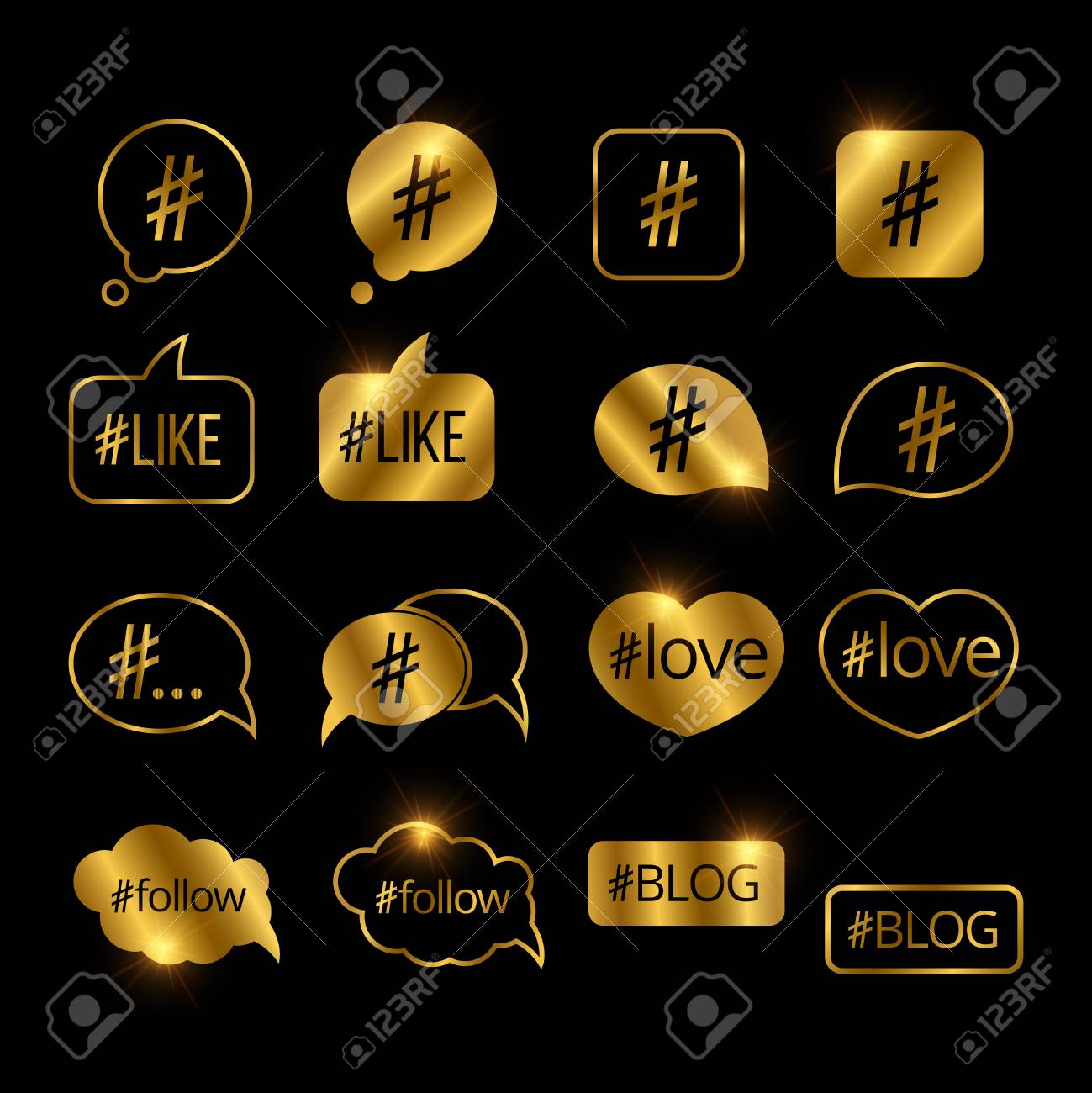 Golden Hashtag Post Social Media Vector Icons Set On Black Background Royalty Free Cliparts Vectors And Stock Illustration Image 106683453