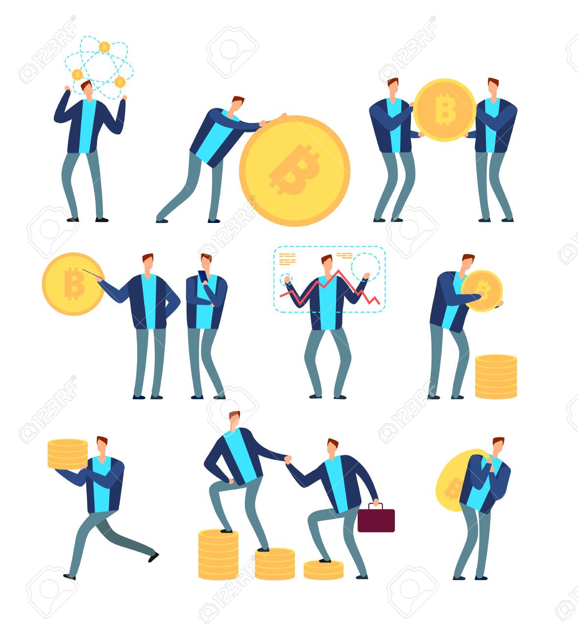 Icoとブロックチェーンのコンセプト。仮想通貨とトークンを持つビジネスの人々。グローブデジタルマイニングと利益ベクトルセット。ビジネス仮想 コイン、インターネットico、トークンイラスト付きスタートアップのイラスト素材・ベクター Image 109645231