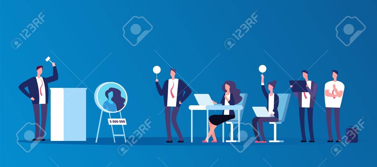 Auction concept. People people bidding in public auction house. Bidder, buyer and auctioneer vector characters. Auction and auctioneer, market trade illustration - 128172865 Auction concept. People people bidding in public auction house. Bidder, buyer and auctioneer vector characters. Auction and auctioneer, market trade illustration - 128172865