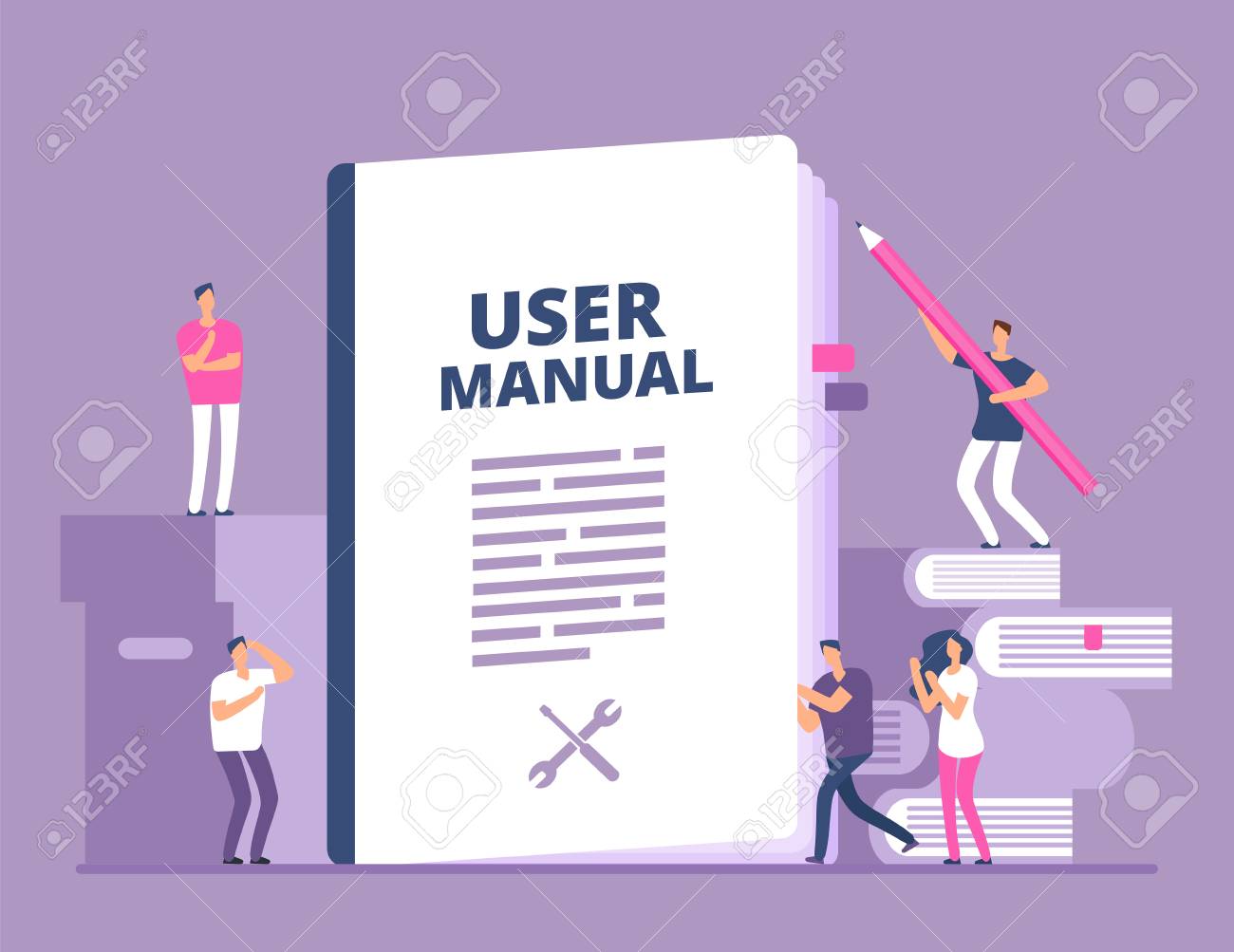 User manual concept. People with guide instruction or textbooks. User reading guidebook and writting guidance. Vector illustration. Manual book instruction, handbook help guide - 110493050 User manual concept. People with guide instruction or textbooks. User reading guidebook and writting guidance. Vector illustration. Manual book instruction, handbook help guide - 110493050