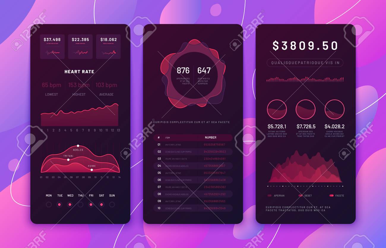 携帯電話のUIデザイン。統計チャート、図カレンダーを備えた外国為替取引プラットフォームパネル。市場グラフ。アプリ ベクター  テンプレート。スマートフォン用インターフェースダッシュボード、統計分析イラストのイラスト素材・ベクター Image 112775803