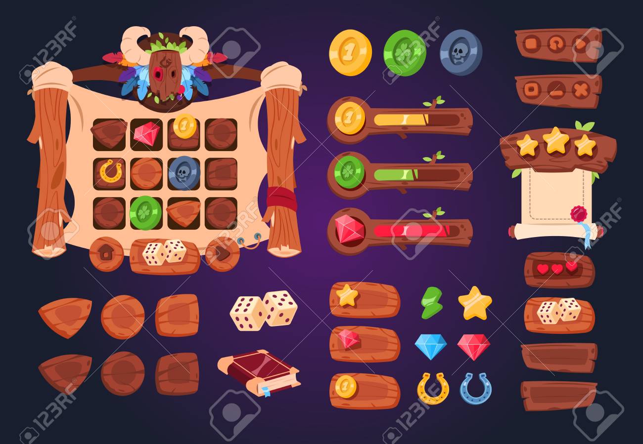 Cartoon Game Ui. Wooden Buttons, Sliders And Icons. Interface For 2d Games,  App Gui Vector Design. Game Wood Interface, Gui Application Panel  Illustration Royalty Free SVG, Cliparts, Vectors, and Stock Illustration.  Image, image size:1300x899