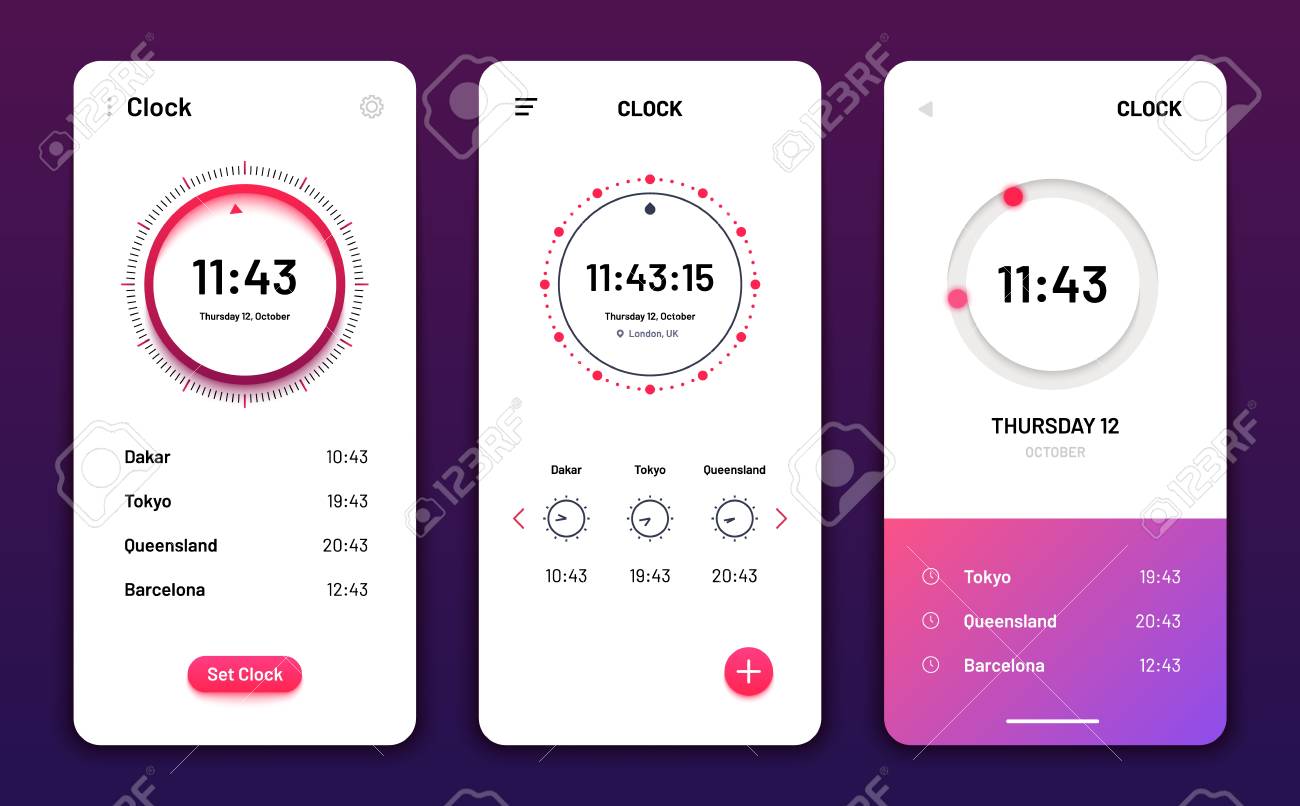 시계 앱. 디지털 시계 알람 전화 응용 프로그램입니다. 핸드폰 시계 위젯 미래형 벡터 사용자 인터페이스. 앱 Ui 시계 모바일, 시간  및 날짜 그림 로열티 무료 사진, 그림, 이미지 그리고 스톡포토그래피. Image 126730451