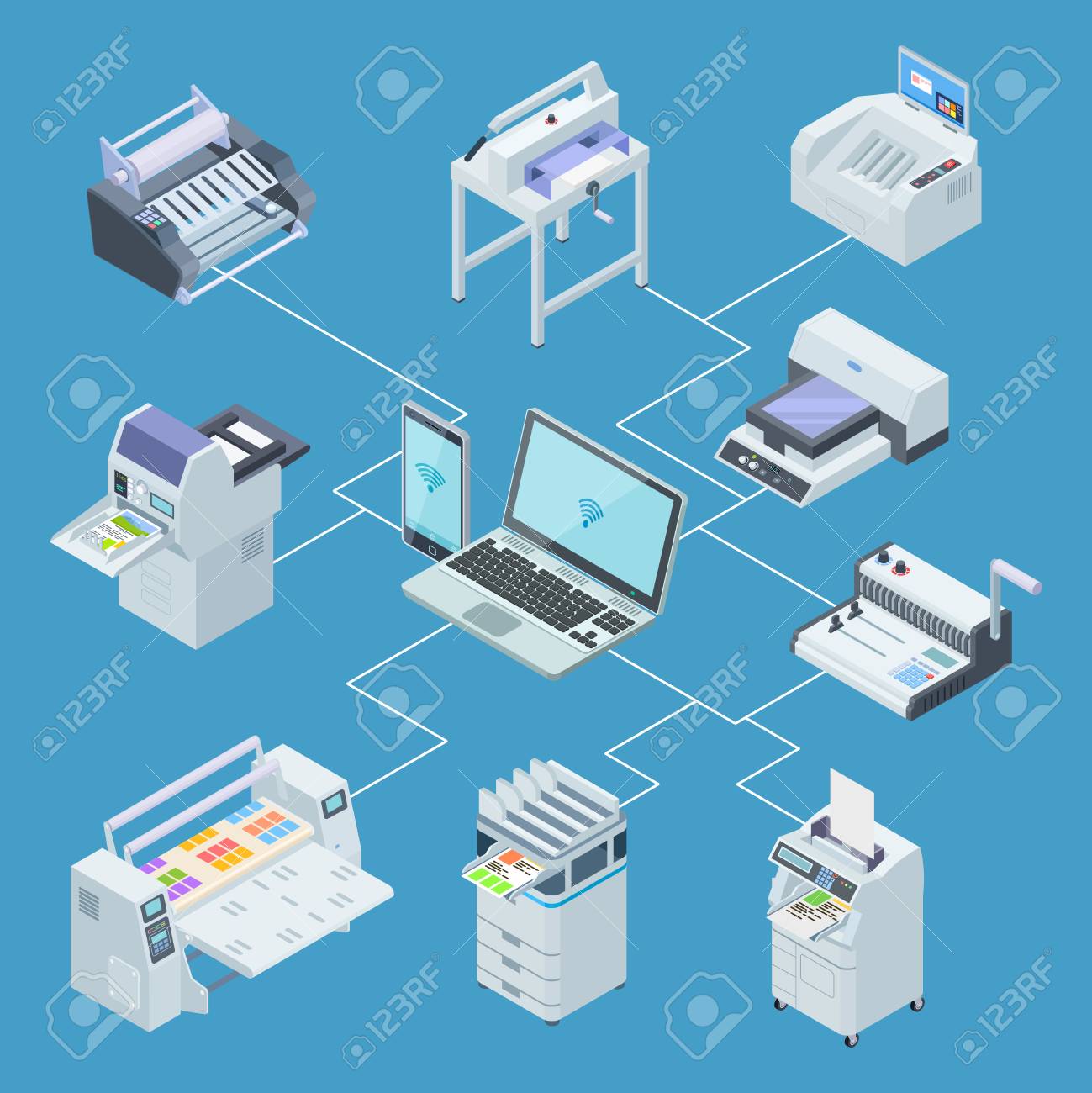 Modern printing house equipment. Printer plotter, offset cutting machines isometric vector concept. Illustration of control processing from laptop, scanning and plotter - 115946997 Modern printing house equipment. Printer plotter, offset cutting machines isometric vector concept. Illustration of control processing from laptop, scanning and plotter - 115946997