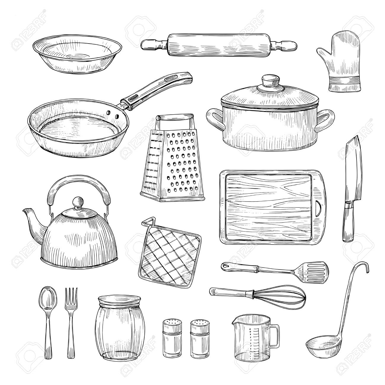 Sketch Kitchen Tools Cooking Utensils Hand Drawn Kitchenware