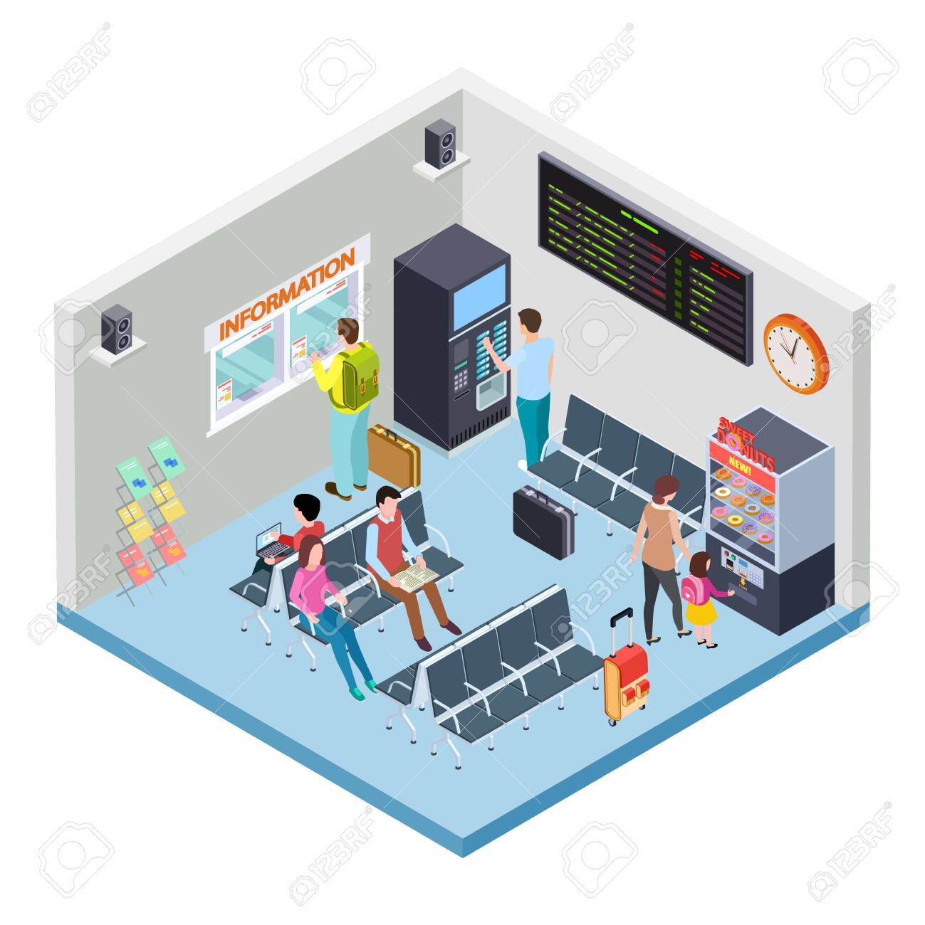Railway Bus Station Or Airport Waiting Area Isometric Vector