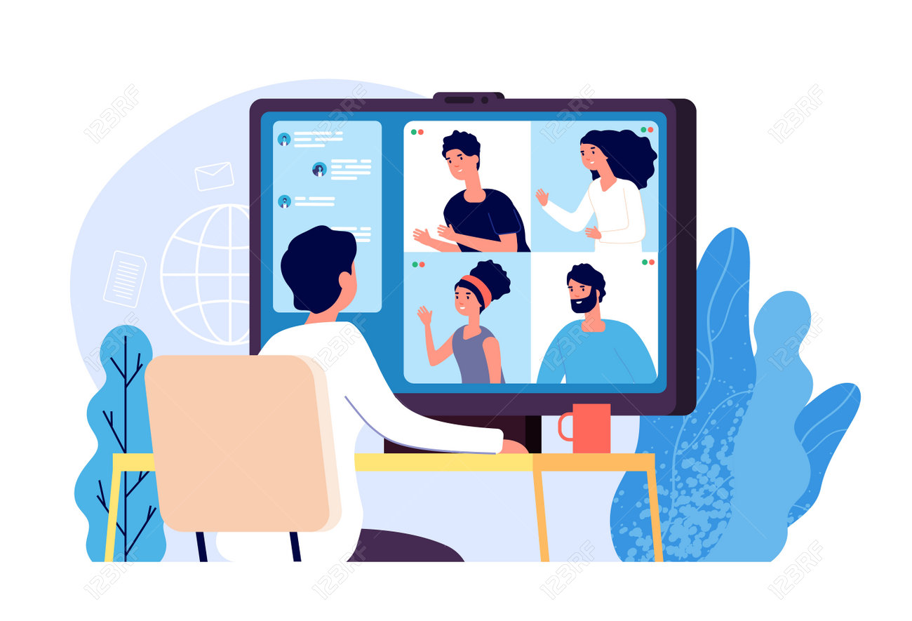Video conference. People group on computer screen taking with colleague. Video conferencing and online communication vector concept. Illustration of communication screen conference, videoconferencing - 128173861 Video conference. People group on computer screen taking with colleague. Video conferencing and online communication vector concept. Illustration of communication screen conference, videoconferencing - 128173861