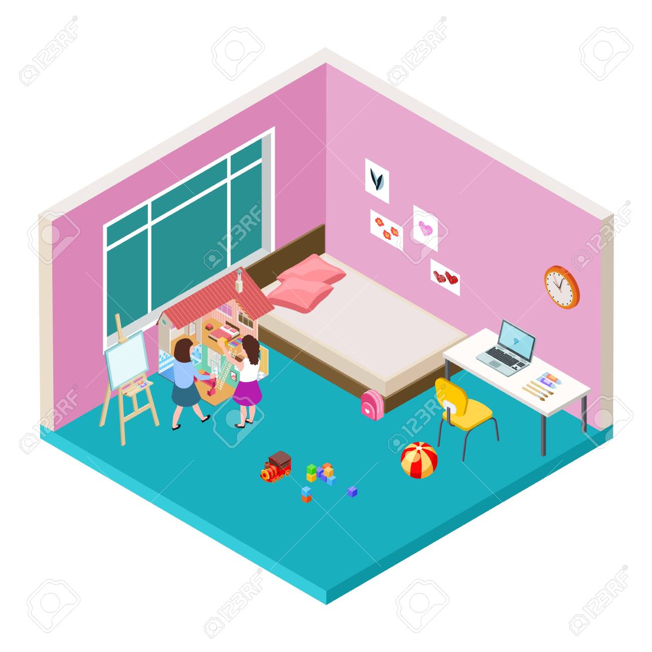Isometric Nursery Two Girls Are Playing With Big Dolls House