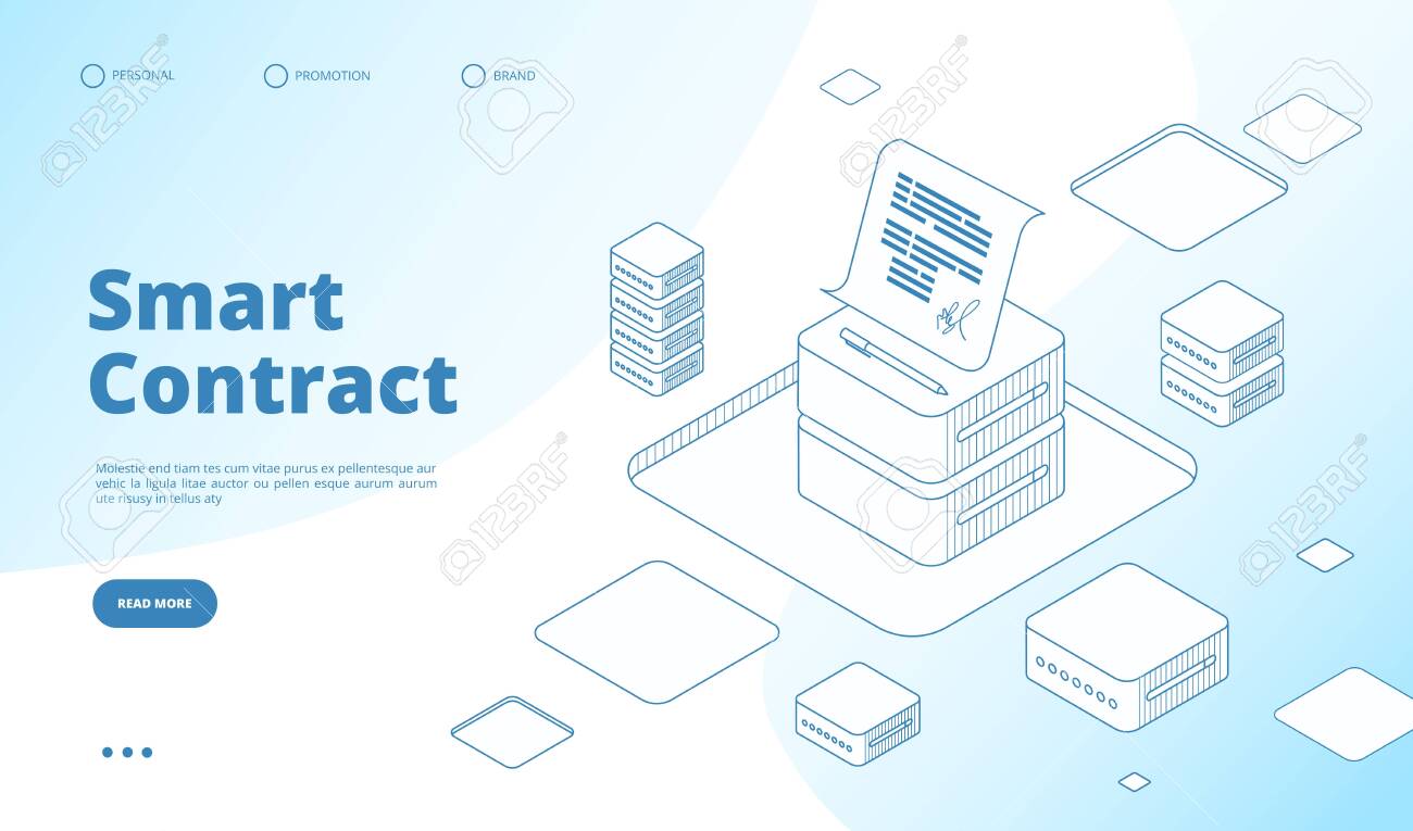 스마트 계약 개념. 이더리움 암호화 기술. 디지털 서명 벡터 아이소메트릭 랜딩 페이지와 계약자 계약. 그림 암호화 스마트 계약, 트랜잭션  블록체인 로열티 무료 사진, 그림, 이미지 그리고 스톡포토그래피. Image 129401392