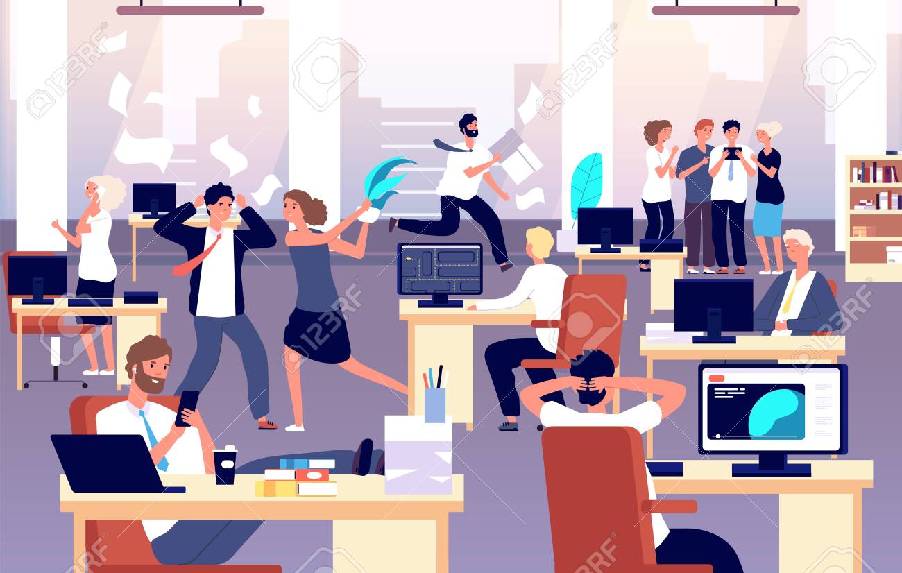 Chaos in workplace. Sleepy lazy, unorganized employees in office. Bad organization control, business corporate problems vector concept. Work office day, relax and running routine illustration - 130722932 Chaos in workplace. Sleepy lazy, unorganized employees in office. Bad organization control, business corporate problems vector concept. Work office day, relax and running routine illustration - 130722932