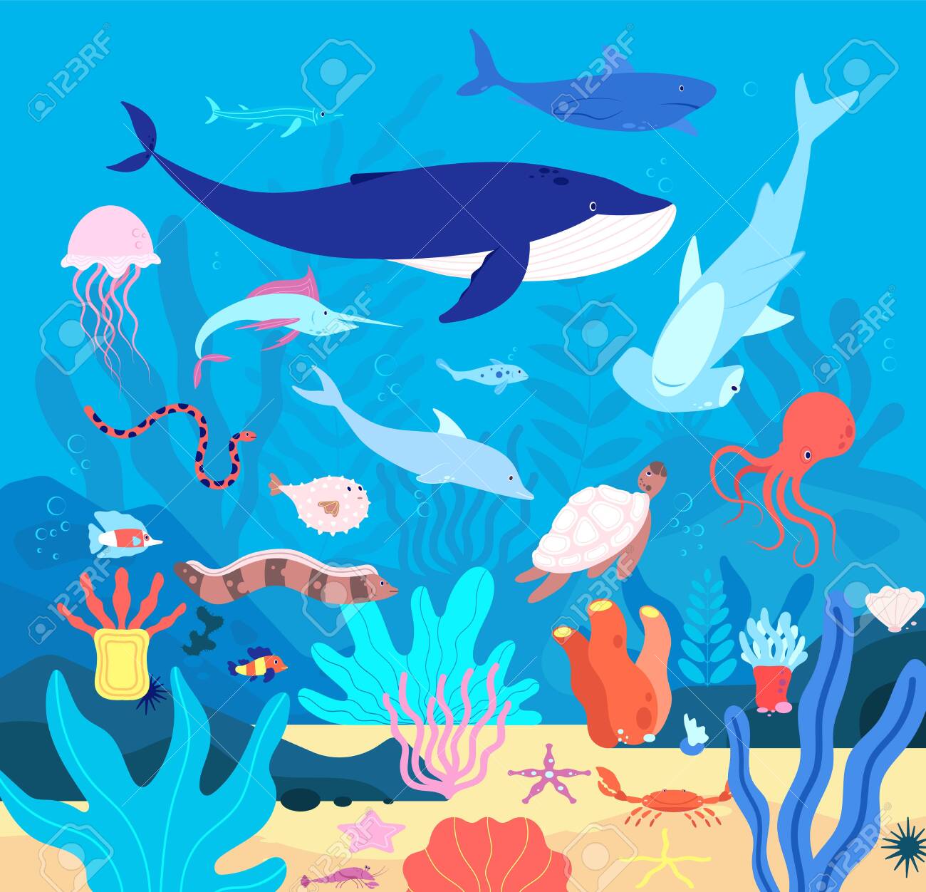 Underwater. Cute Undersea Animals, Cartoon Sea Wildlife. Happy Aquarium  Habitat, Oceanic Fishes And Mammals. Marine Life Vector Background. Sea And  Coral Exotic, Wildlife Natural Ocean Illustration Клипарты, SVG, векторы, и  Набор Иллюстраций