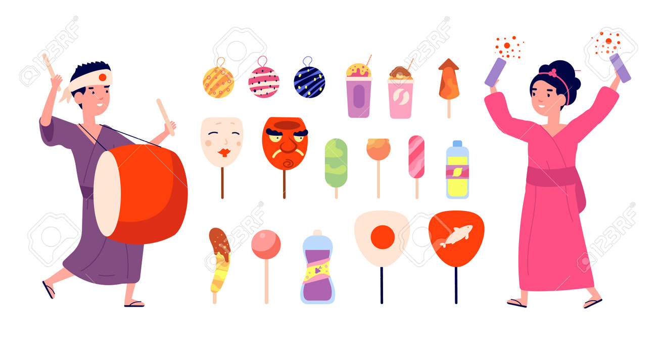 Japanese Festival Elements Japan Symbols Cute Kids Wear Kimono Royalty Free Cliparts Vectors And Stock Illustration Image