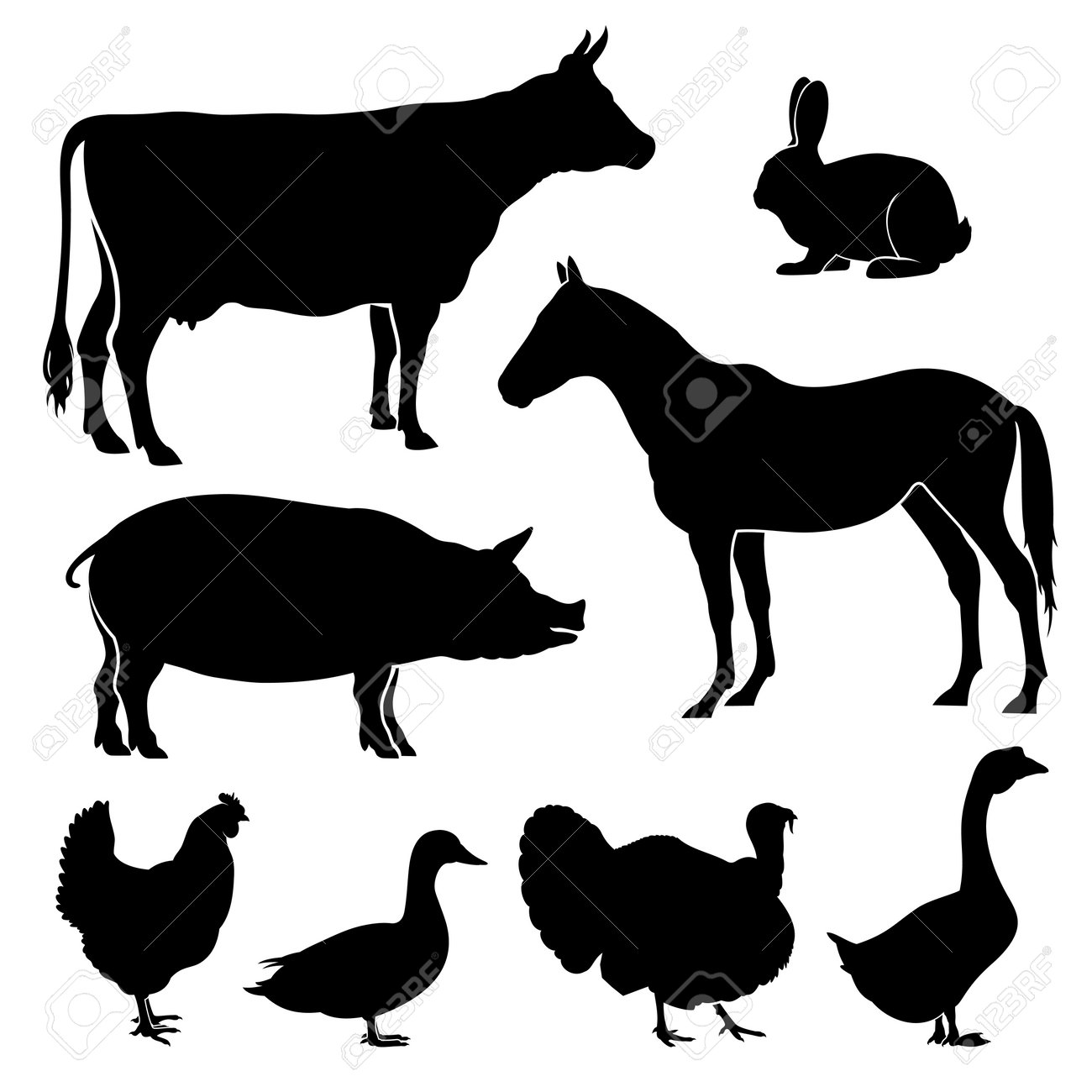 Farm, farmyard animals vector silhouettes. Livestock cattle and chicken, black silhouettes pig and duck, goose and rabbit illustration - 165951739 Farm, farmyard animals vector silhouettes. Livestock cattle and chicken, black silhouettes pig and duck, goose and rabbit illustration - 165951739