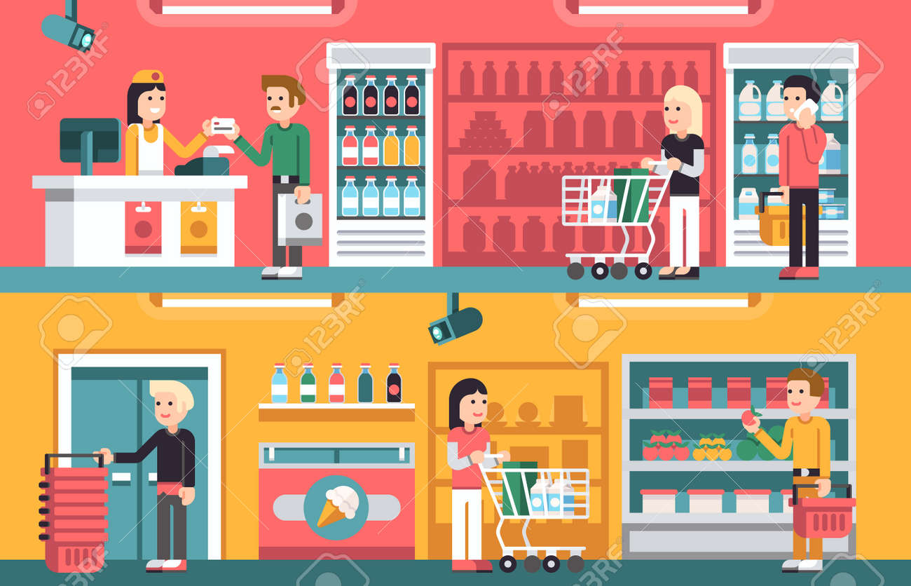 Shopping people and counter in super market interior, retail vector concepts set. Supermarket store indoor, illustration of interior supermarket with seller and cashier - 165951178 Shopping people and counter in super market interior, retail vector concepts set. Supermarket store indoor, illustration of interior supermarket with seller and cashier - 165951178