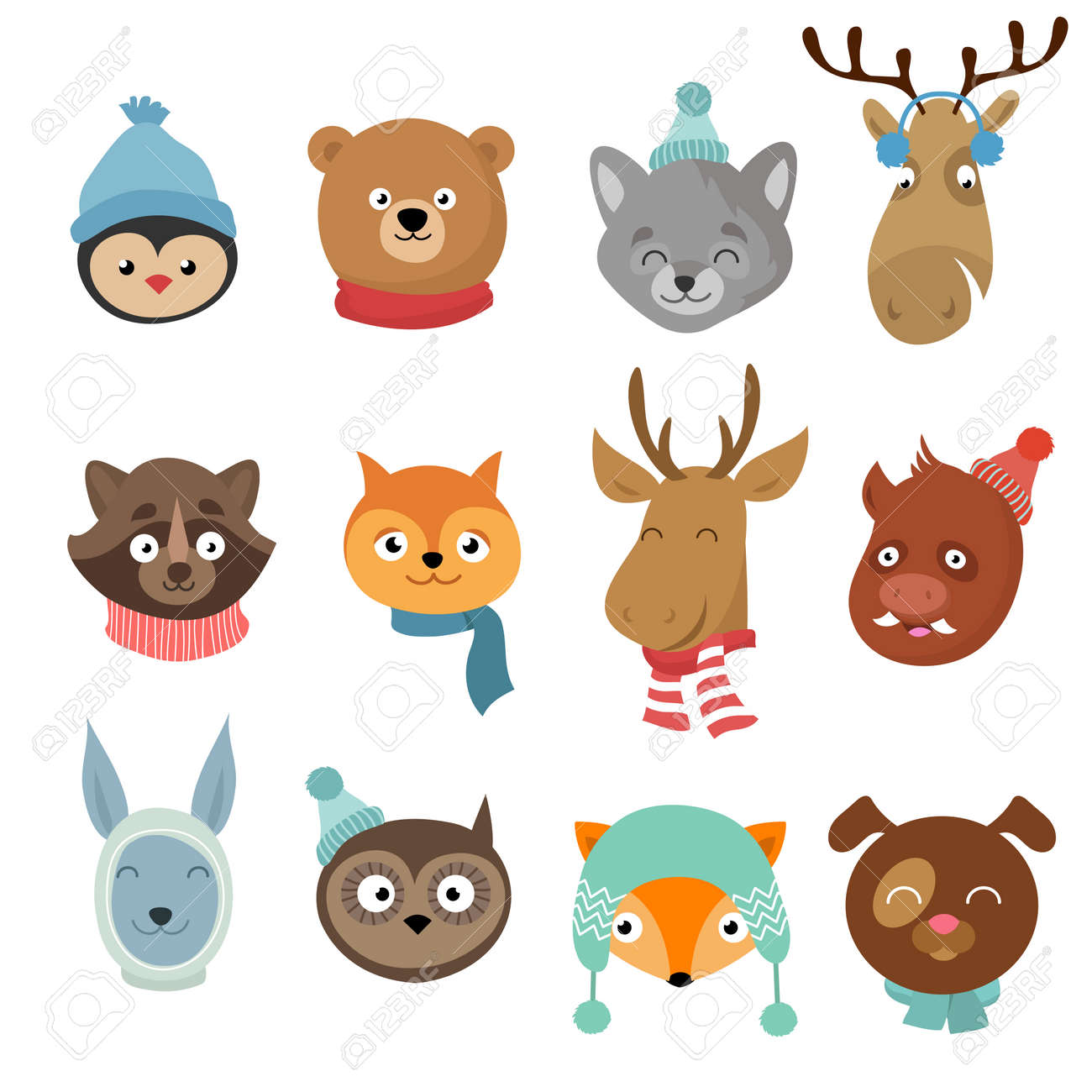 Winter xmas happy animals cartoon characters. Animals heads with neckerchief and hats vector set. Winter character animals illustration - 166830356 Winter xmas happy animals cartoon characters. Animals heads with neckerchief and hats vector set. Winter character animals illustration - 166830356