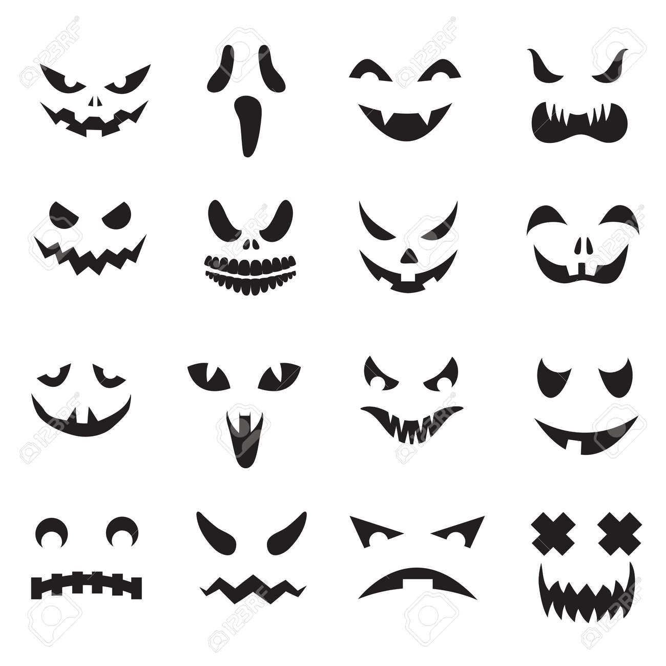 Pumpkin Faces. Halloween Jack O Lantern Face Silhouettes. Monster Ghost  Carving Scary Eyes And Mouth Vector Icons Set. Illustration Of Halloween  Face Silhouette, Scary Monster Pumpkin Royalty Free SVG, Cliparts, Vectors,  and, image size:1300x1300