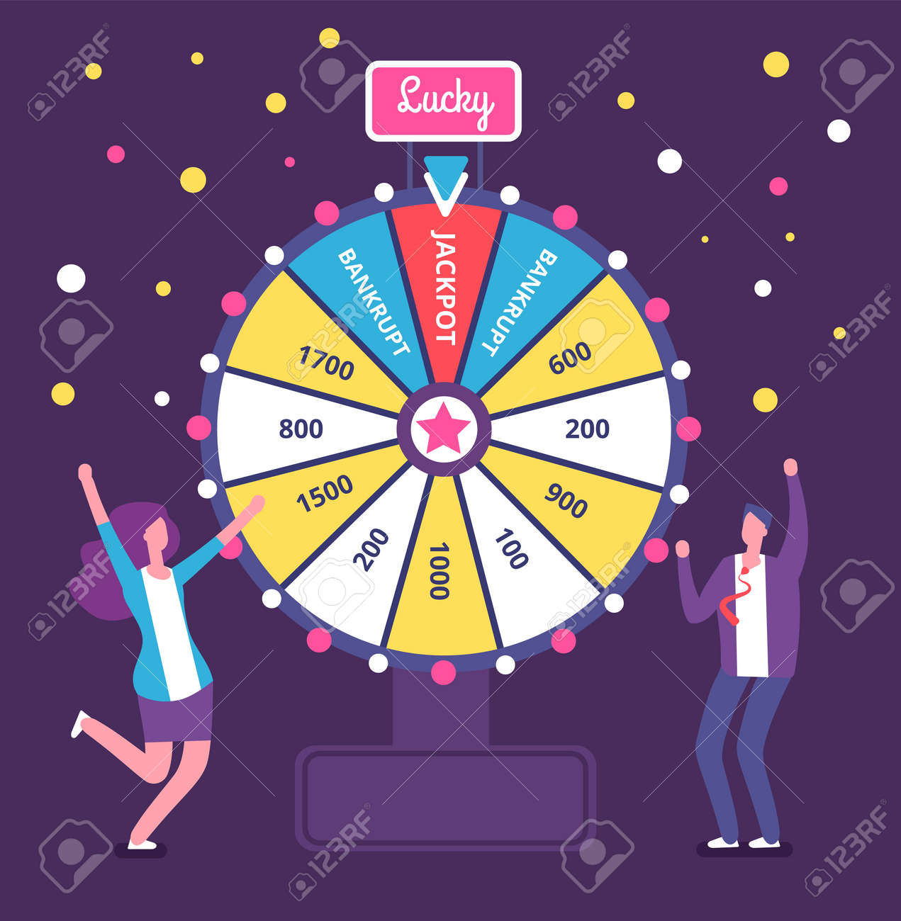 Fortune wheel with people. Man and woman spinning roulette wheel. Risk game and casino lottery vector concept. Illustration of winner people woman and man in casino - 168211499 Fortune wheel with people. Man and woman spinning roulette wheel. Risk game and casino lottery vector concept. Illustration of winner people woman and man in casino - 168211499