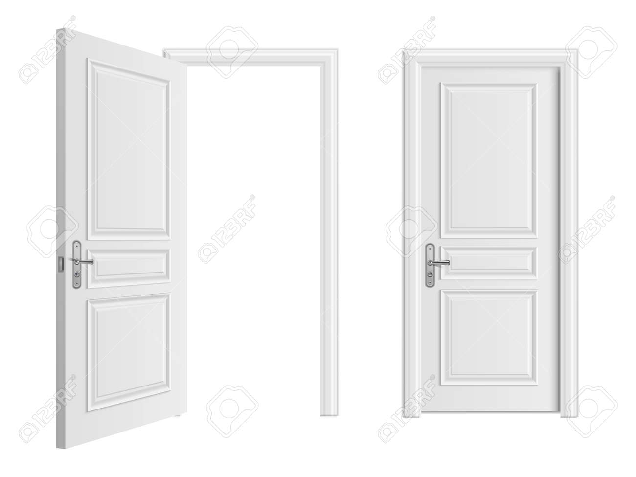 Open and closed white entrance realistic door isolated on white background. Door to house or room, enter doorway closed illustration - 168217411 Open and closed white entrance realistic door isolated on white background. Door to house or room, enter doorway closed illustration - 168217411