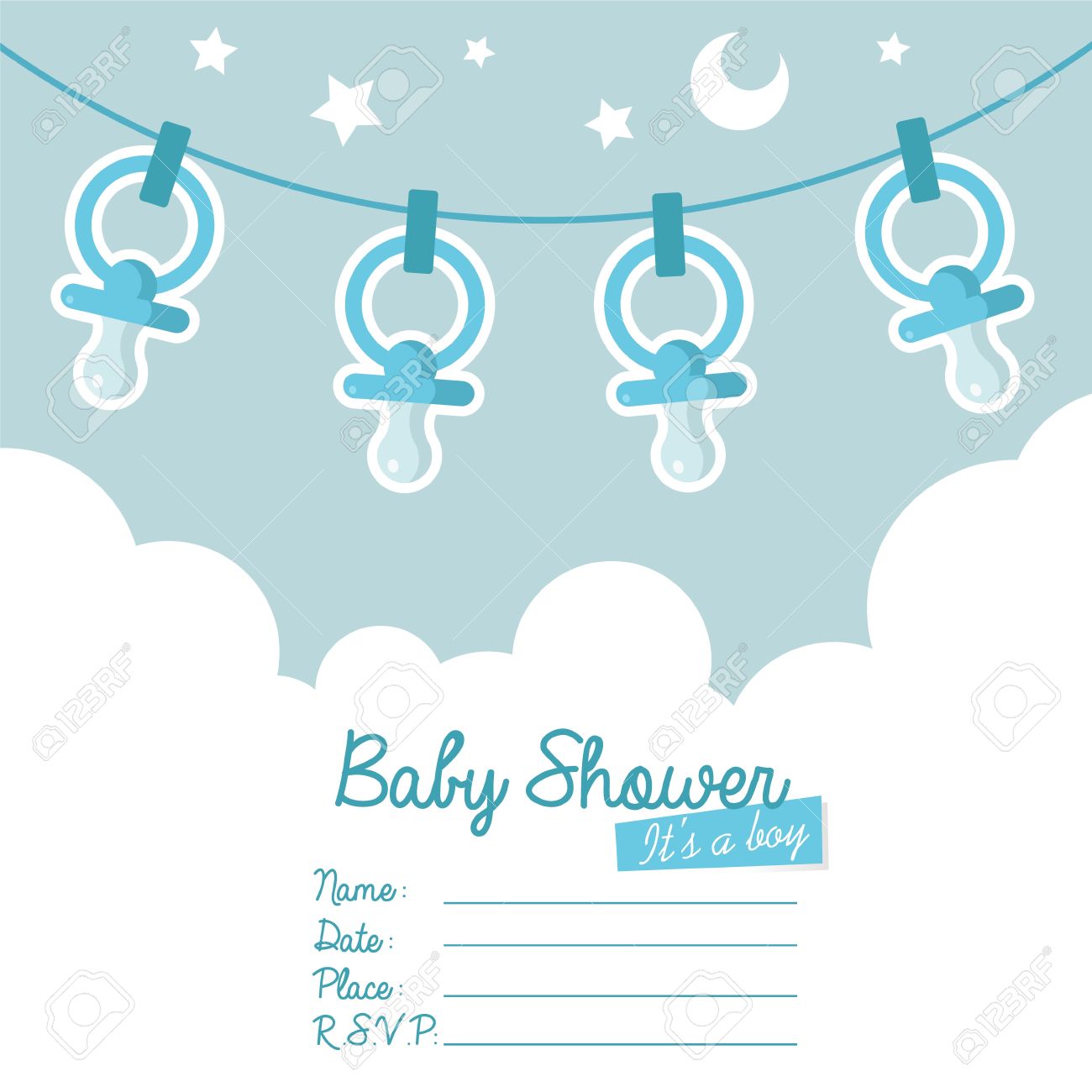 cute blue baby shower invitation card for boys with pacifiers