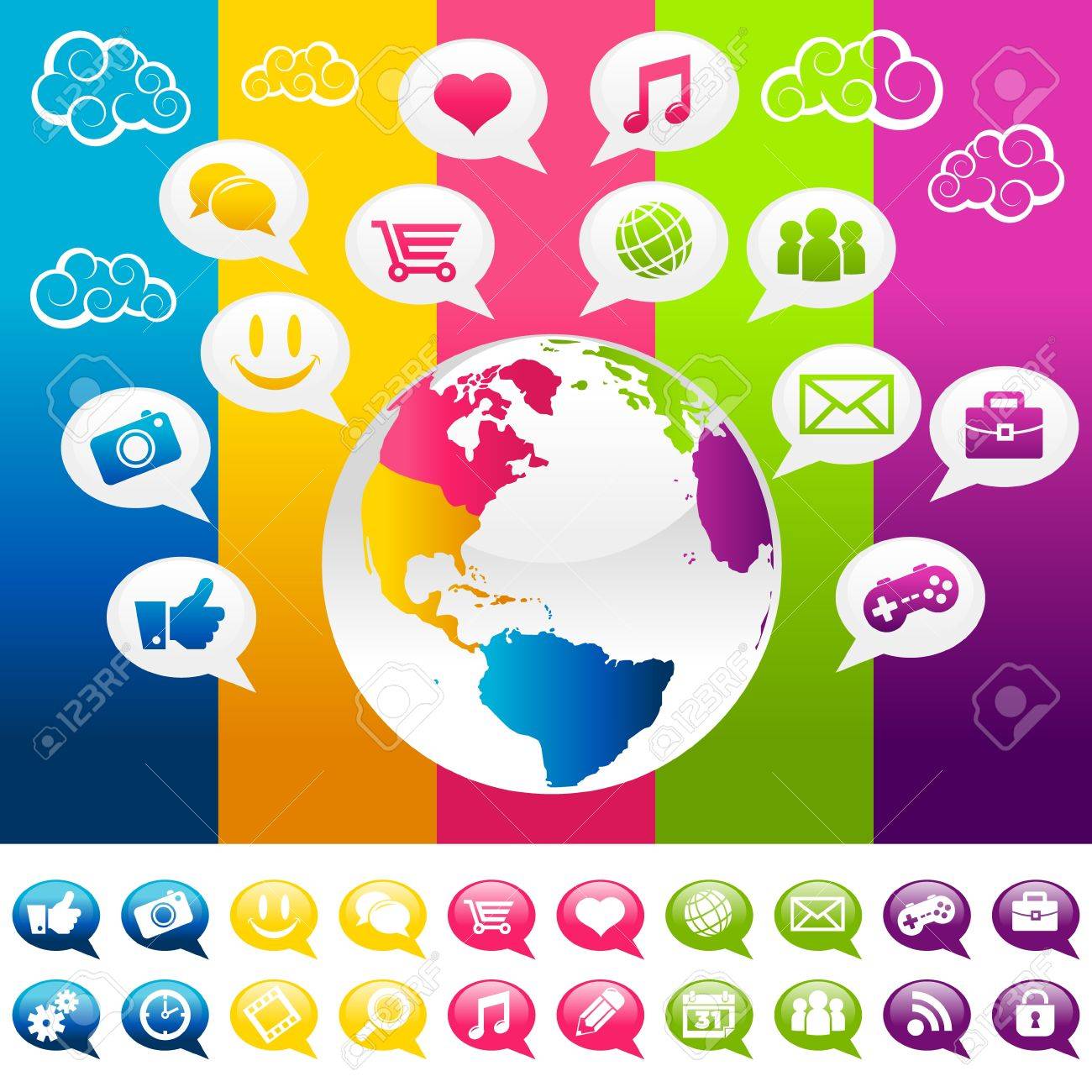 ソーシャル メディアのアイコンや吹き出しとカラフルな惑星地球 のイラスト素材 ベクタ Image