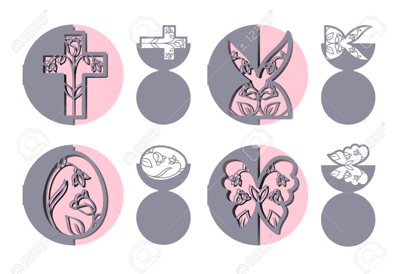 Laser cut template for Easter greeting fold-out cards, invitations. Easter egg, rabbit, butterfly and cross with a floral pattern cut out of paper. Image suitable for laser cutting, plotter cutting or printing. - 72499798 Laser cut template for Easter greeting fold-out cards, invitations. Easter egg, rabbit, butterfly and cross with a floral pattern cut out of paper. Image suitable for laser cutting, plotter cutting or printing. - 72499798