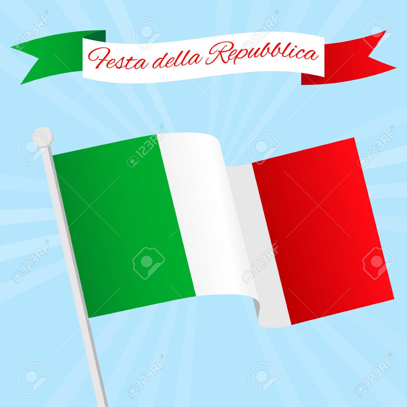 Vector Illustration For National Day Of Italy Celebrated On 2 June. Ribbon With Text Italian Republic Day. Poster, Flyer Template With Flag On A Blue Sky Background Royalty Free SVG, Cliparts, Vectors,