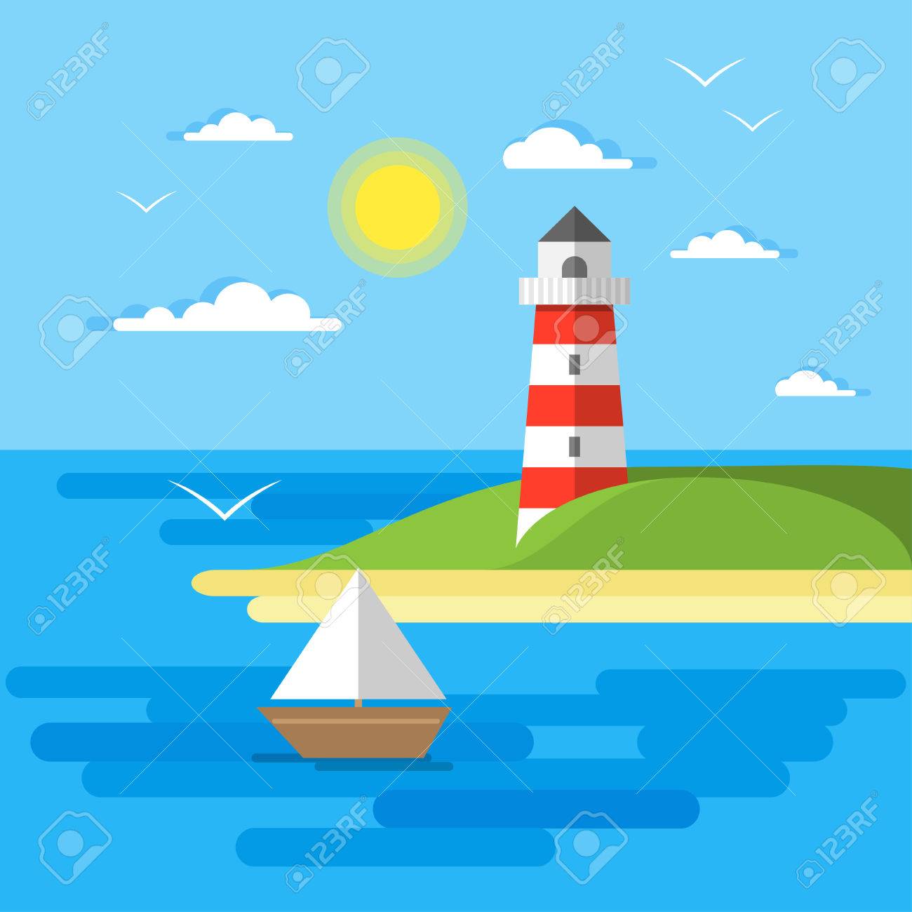 フラット夏ベクトルの風景 旅行と太陽 雲 海 灯台の概念テンプレートをセーリング ボート ヨット します スタイリッシュなトレンディな屋外観光 休息 休暇の主題 のイラスト素材 ベクタ Image