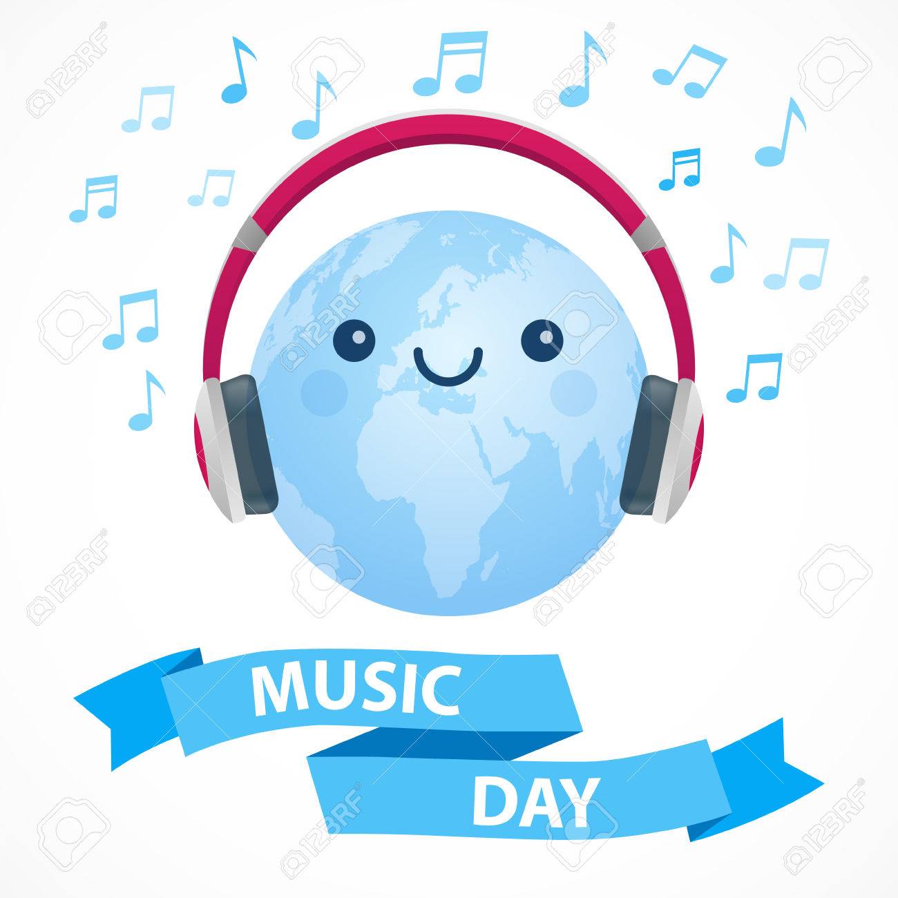 世界音楽の日 青と白のベクトル図です 大きなピンクのヘッドホン 音楽記号 リボンかわいい幸せな世界 のイラスト素材 ベクタ Image