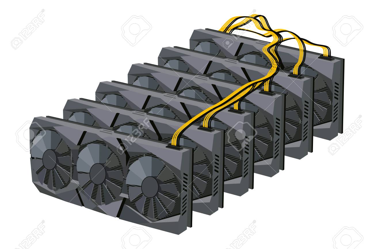 비트 코인 채굴을위한 암호 화폐 팜. 3 개의 쿨러가있는 비디오 카드. 벡터 이미지입니다. 로열티 무료 사진, 그림, 이미지 그리고  스톡포토그래피. Image 93706517