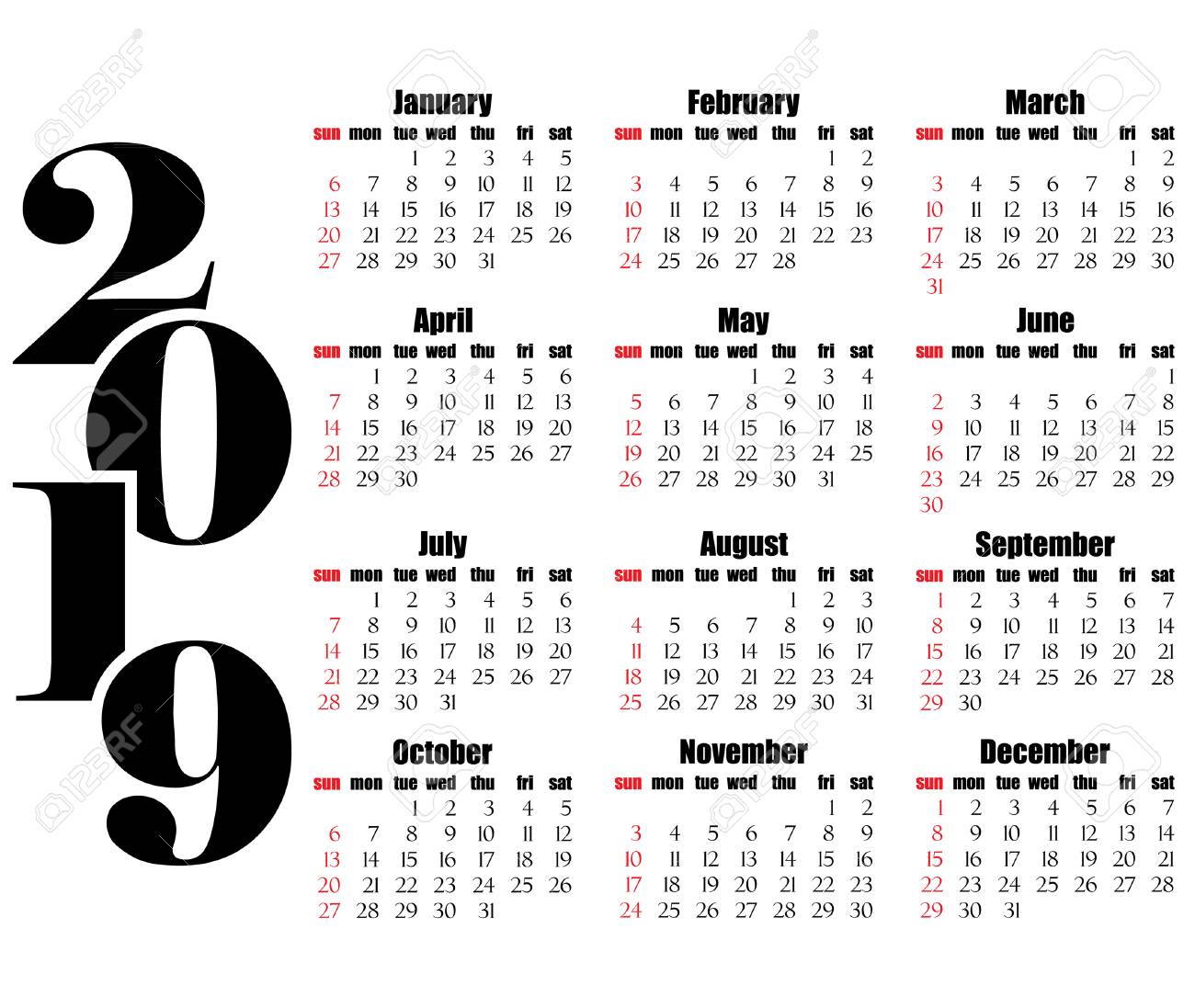 calendar 2019 year flat design simple style week starts from monday start calendar 2019