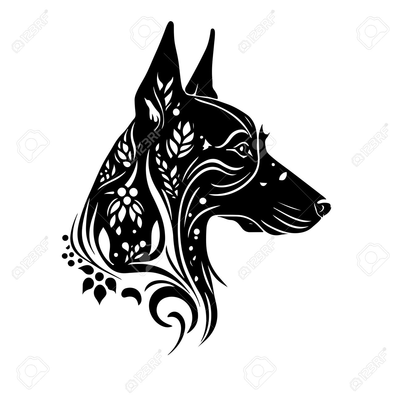 Doberman Dog Ornamental Portrait. Simple Vector Image For Logo