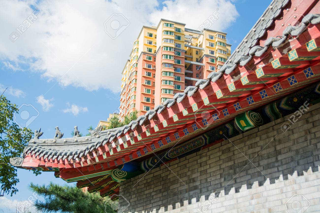 cornice of traditional chinese roof and part of contemporary stock