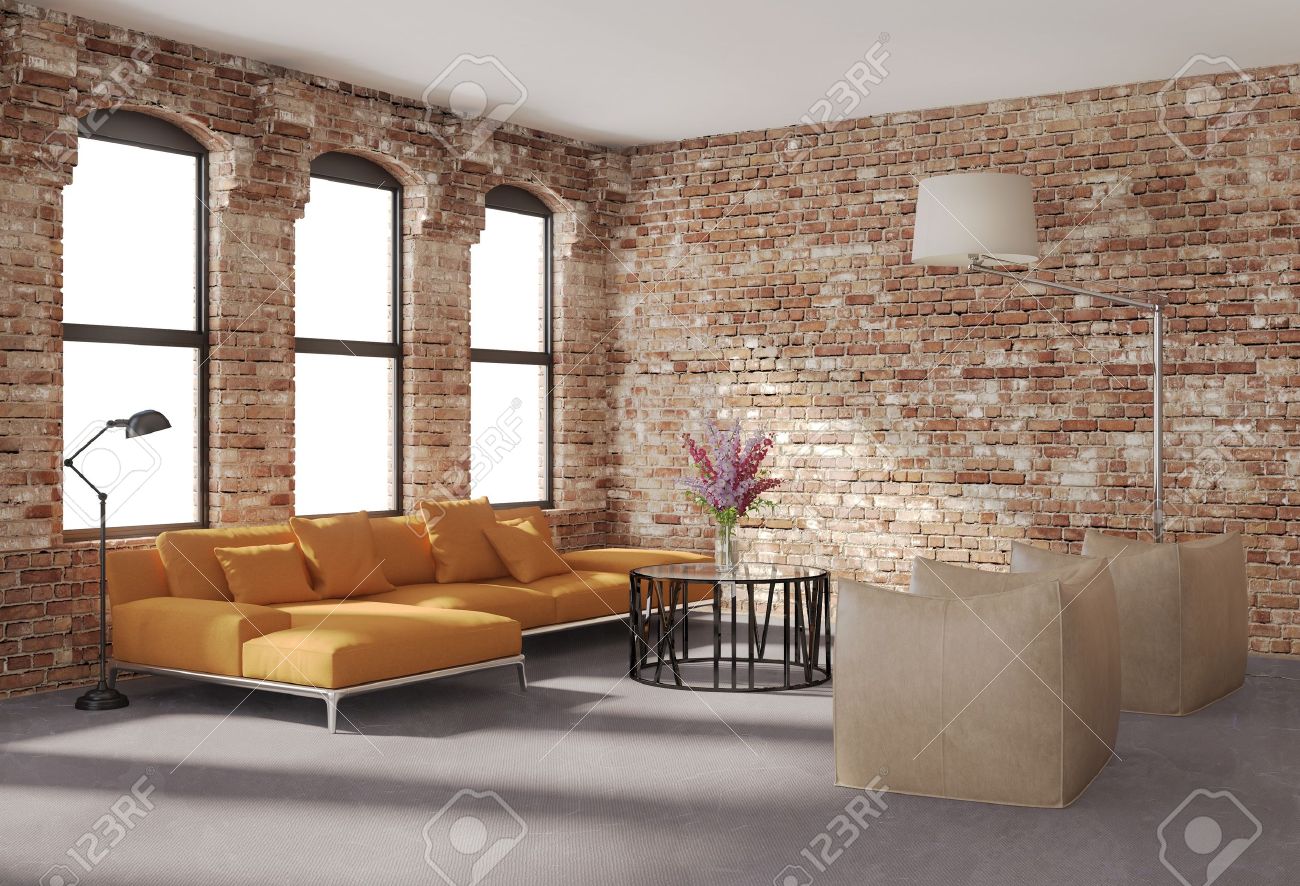 Moderne Stilvolle Loft-Interieur, Ziegelwände, Orange Sofa ... Moderne Stilvolle Loft-Interieur, Ziegelwände, Orange Sofa ...