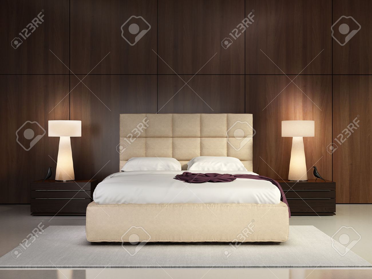 Elegante camera da letto di lusso con legno a parete foto royalty ...