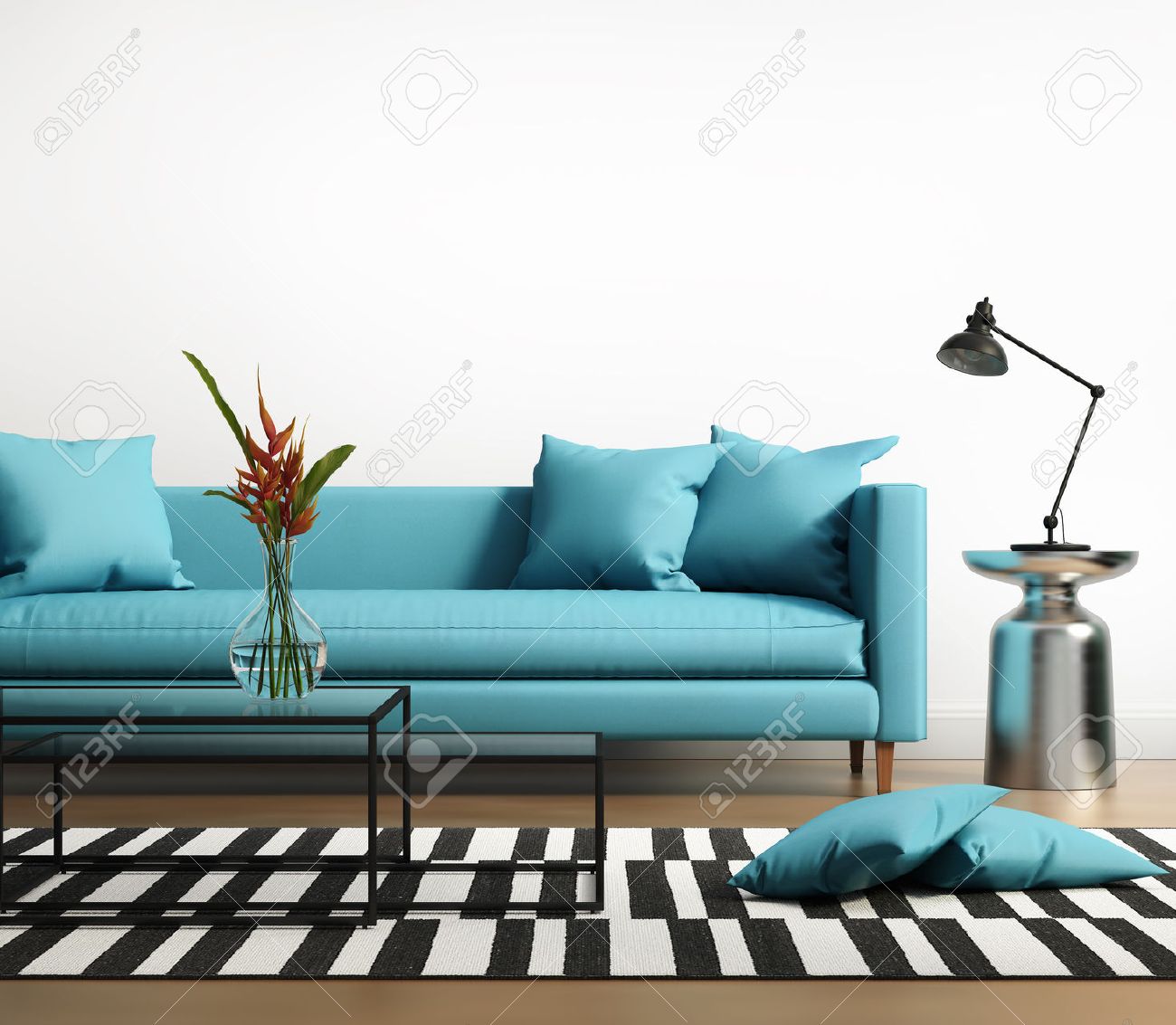 modern interior with a blue turqoise sofa in the living room foto