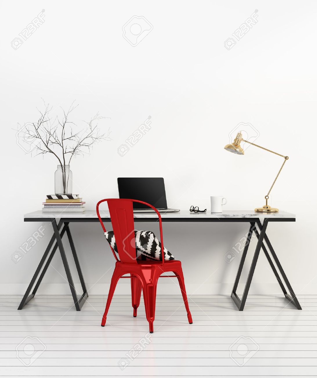 Elegant Minimal White Home Office With Red Chair Stock Photo Elegant Minimal White Home Office With Red Chair Stock Photo