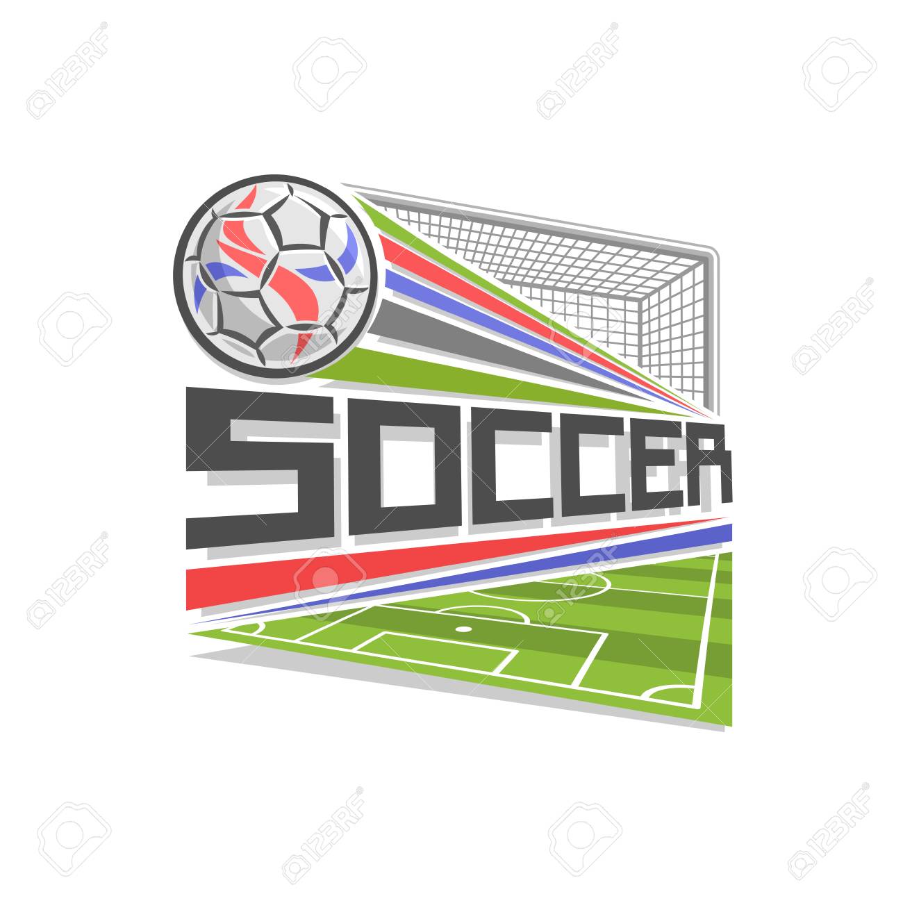サッカー ゲームのためのベクトルのロゴ サッカー クラブ ボール ネットでの目標 サッカー ボールと現代記号のスポーツ フィールド上空を飛んでいるボールの菱形の形のアイコンは サッカー アカデミーまたは学校のバッジを設計します のイラスト素材 ベクタ