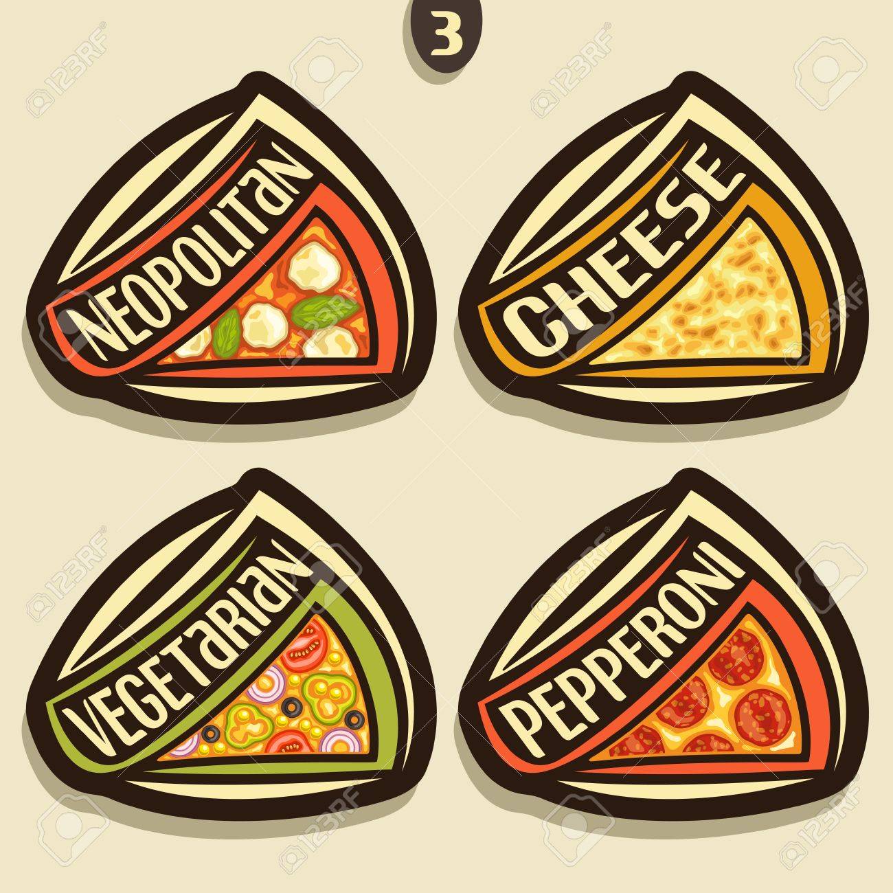 ベクトルは イタリアのピザの標識を設定 タイトルのテキスト 元のフォントとピザ上面のさまざまな種類の三角形のスライスでピザ屋メニュー 4 のラベルがファーストフードのレストランでピザのロゴをデザインします のイラスト素材 ベクタ Image