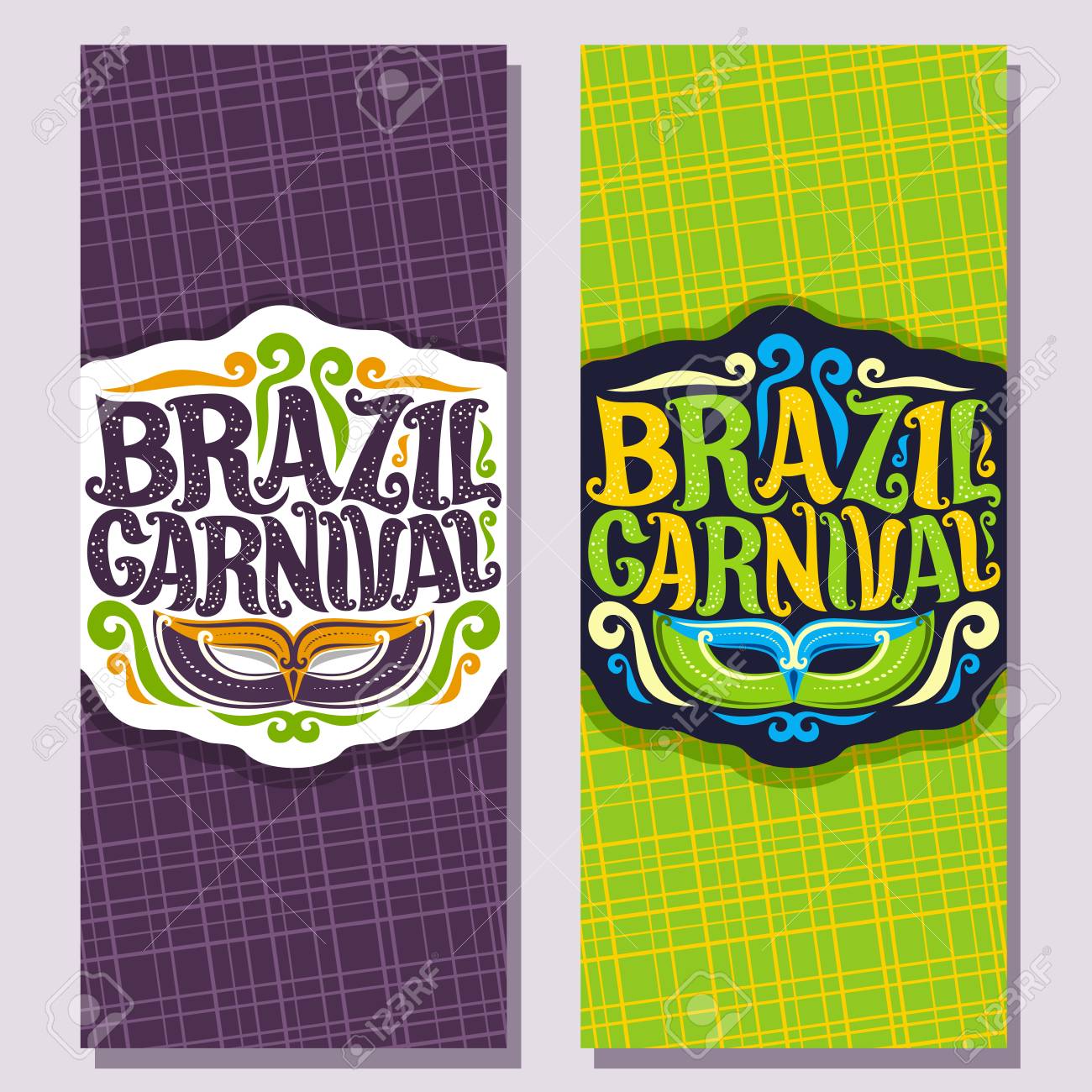 ブラジルのカーニバルのための垂直バナーのベクトル 紫ブラジル マスク 緑 カラフルなのぼり祭り本文ブラジルのカーニバルのオリジナル フォント リオ デ ジャネイロのカーニバルのためのロゴでチケットを招待のイラスト素材 ベクタ Image